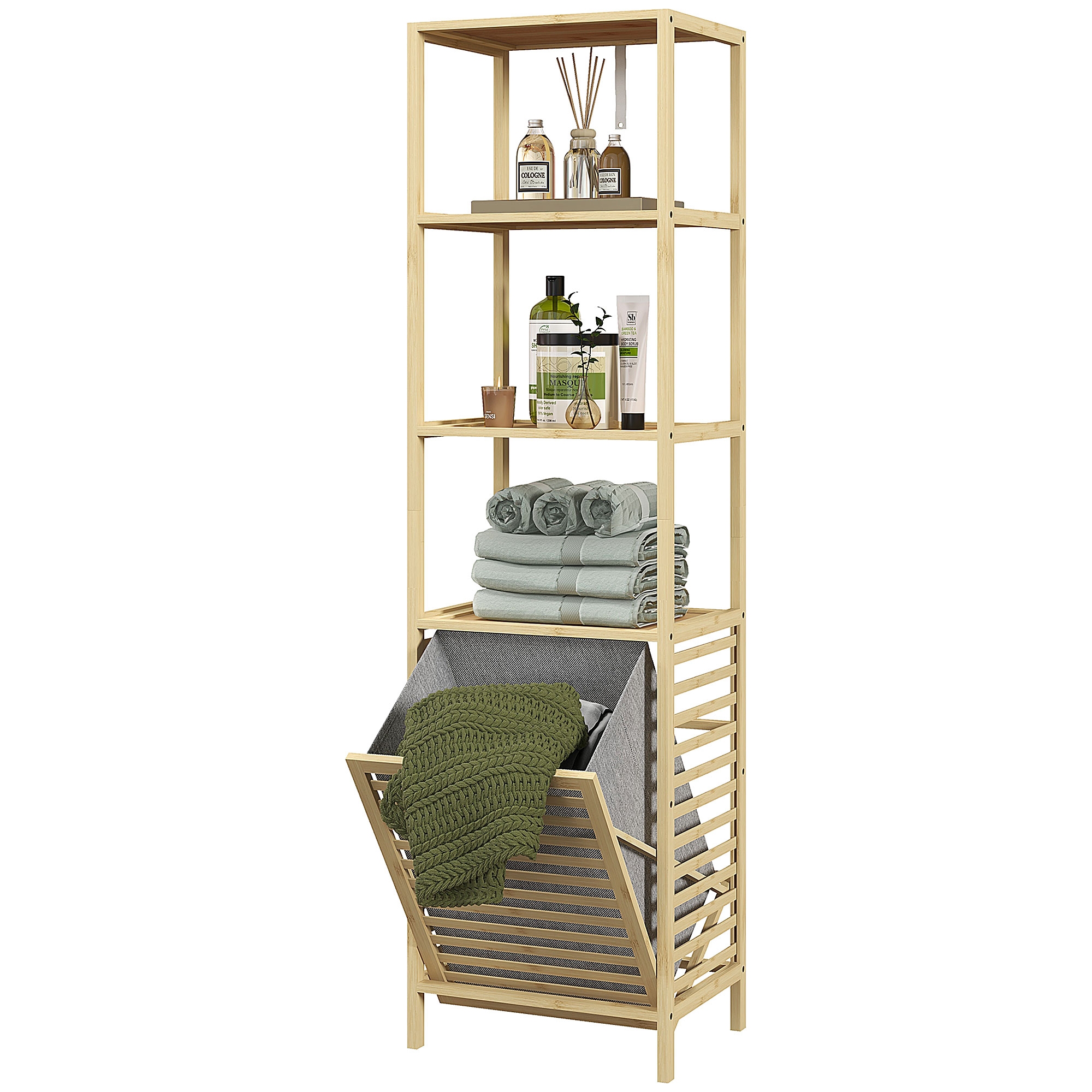 Badezimmerregal, mit Wäschesammler, 3 Regalböden, Bambusrahmen, 44x33x160cm, Natur Badezimmerregal, mit Wäschesammler, 3 Regalböden, Bambusrahmen, 44x33x160cm, Natur