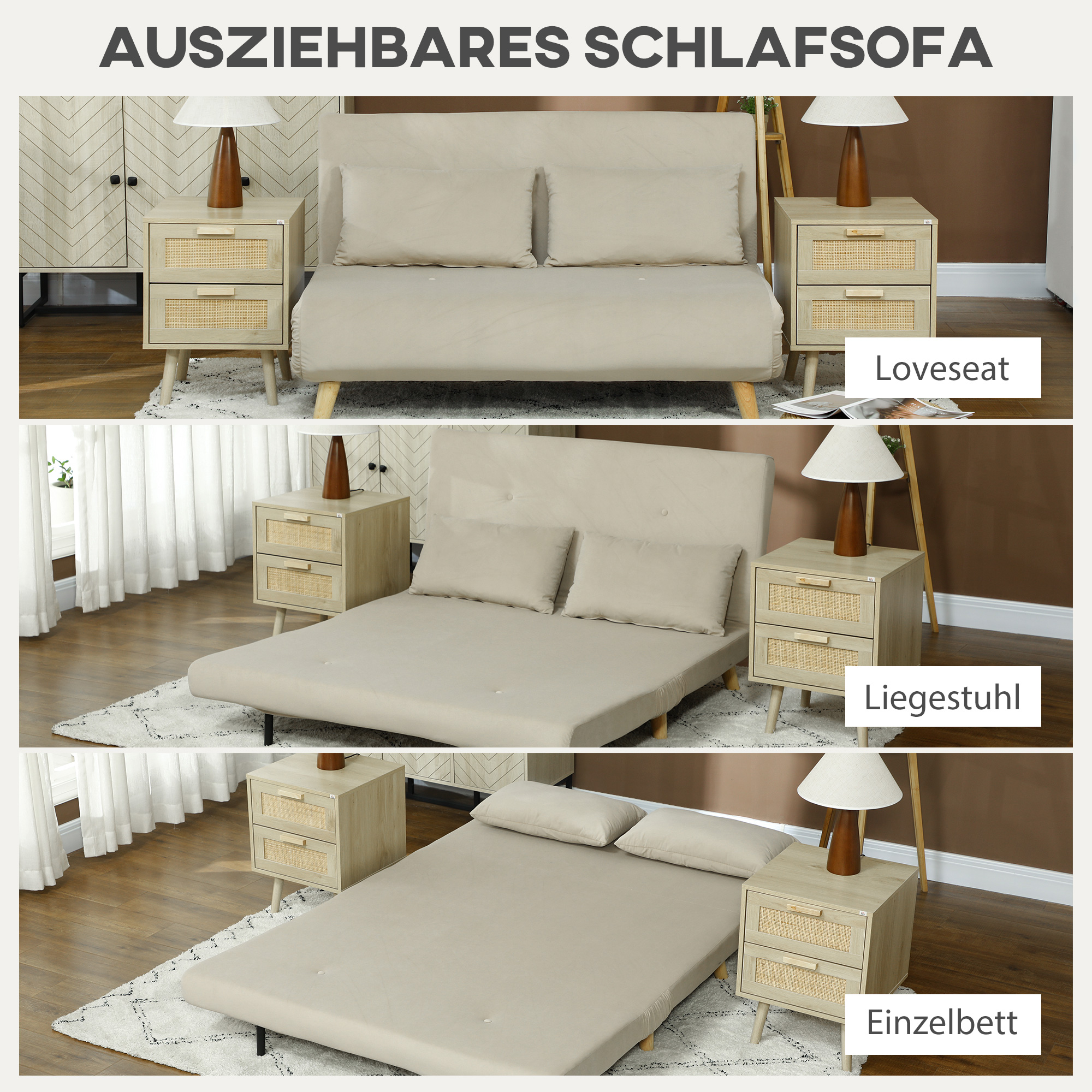 Schlafsofa Relaxsofa Sofa Couch, inkl, 2 Kissen, Samtoptik, 130 x 78 x 79 cm, Beige