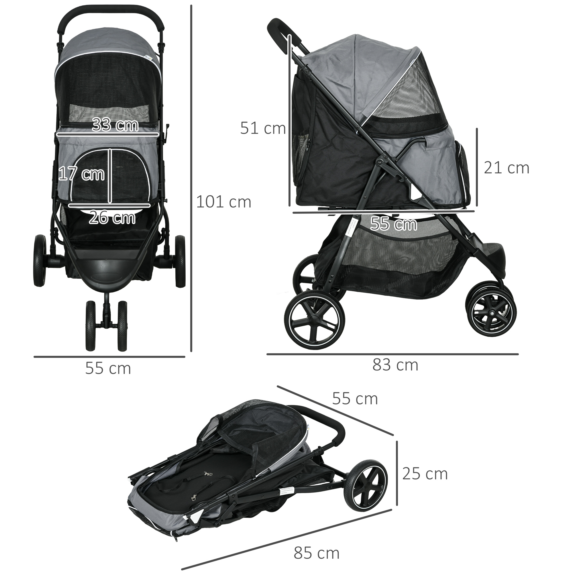 Hundebuggy Haustierwagen bis 10kg klappbar Regenschutz 2 Sicherheitsleinen 83cm x 55cm x 101cm Grau + Schwarz