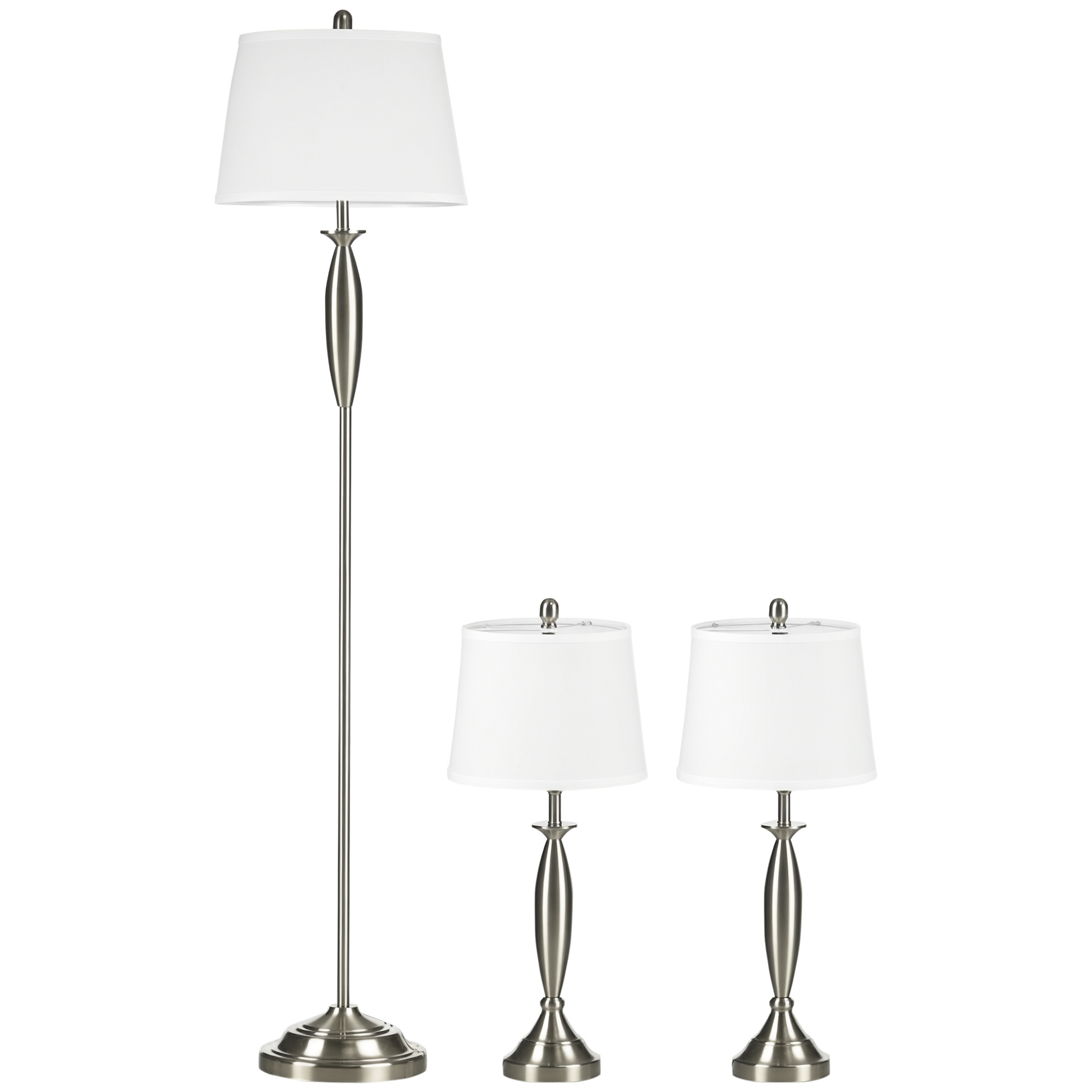 3-teiliges Leuchten-Set, 1 Stehleuchte, 2 Tischleuchten, Leinenoptik; 38 cm x 38 cm x 158 cm, Silber + Weiß