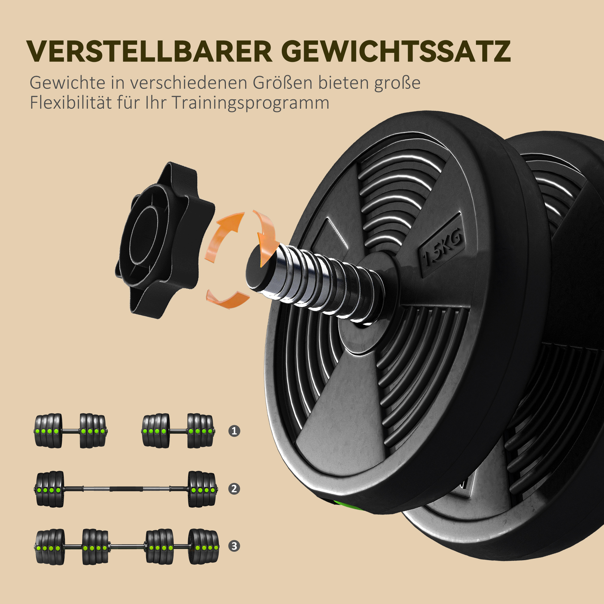 2-in-1 Hantel-Set, Lang- & Kurzhantel, 30 kg, rutschfest, bodenschonend, Schwarz/Grün