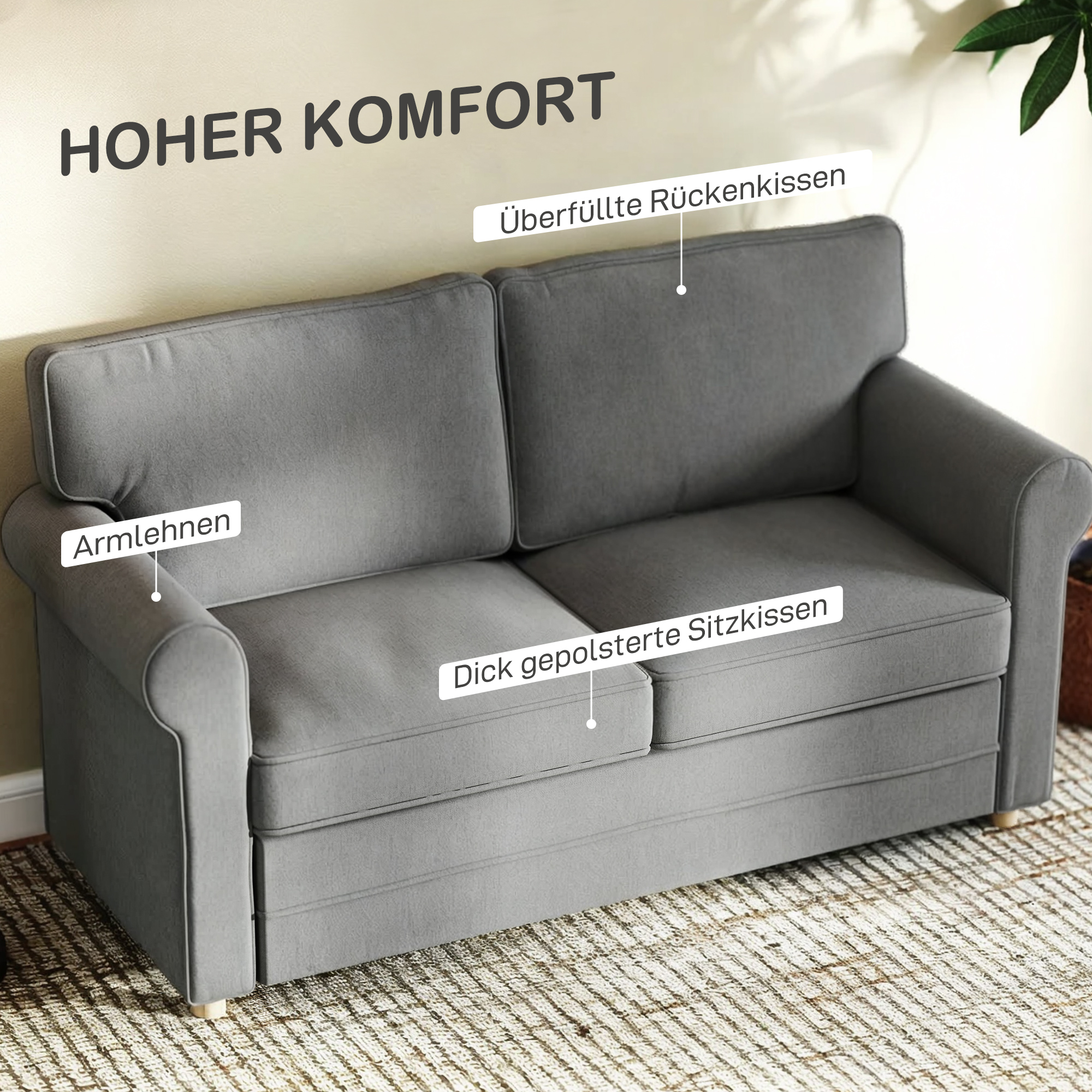 2-Sitzer-Sofa, Kompakte Wohnzimmercouch, Stoff in Leinenoptik, weiche Sitzkissen, Stahlrahmen, Dunkelgrau