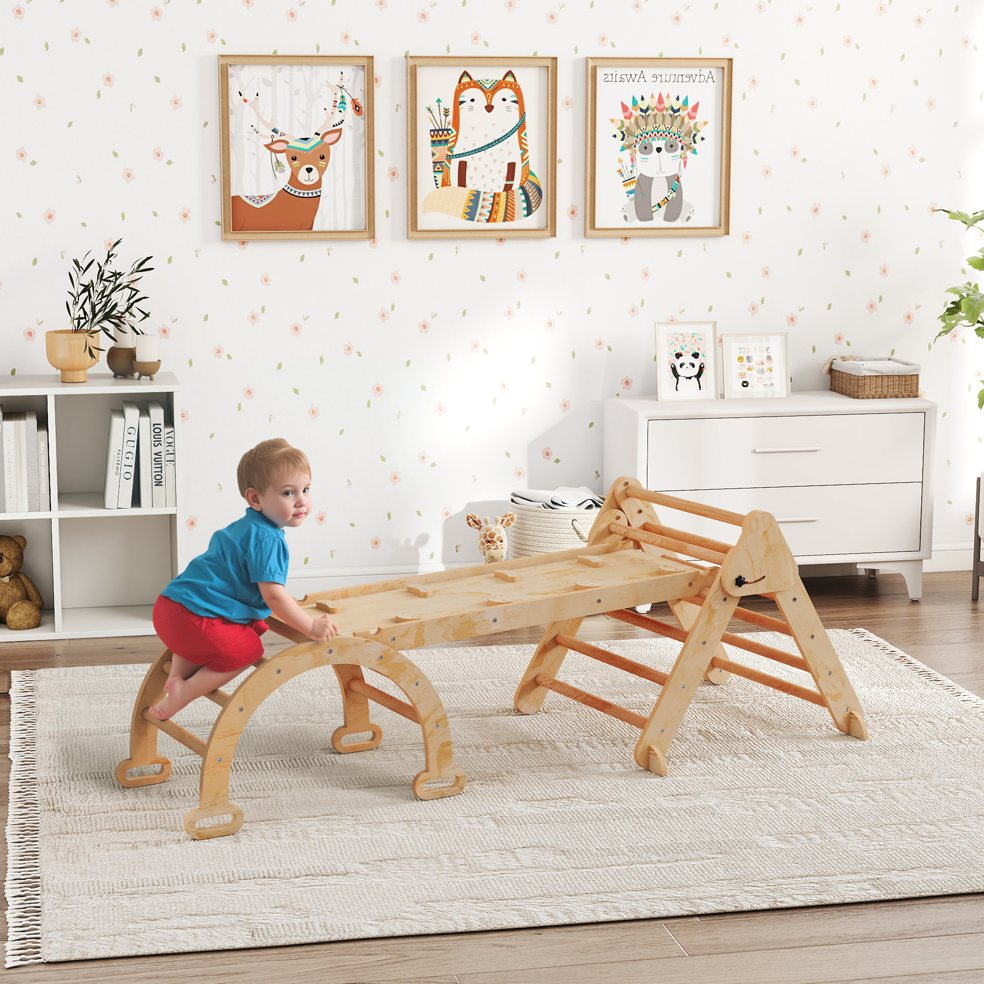 7-in-1 Klettergerüst, Bogenleiter, Dreiecksleiter, Rampe, Kletterwand, Rutsche, für Kinder von 1,5-4 Jahren, zusammenklappbar, Holz