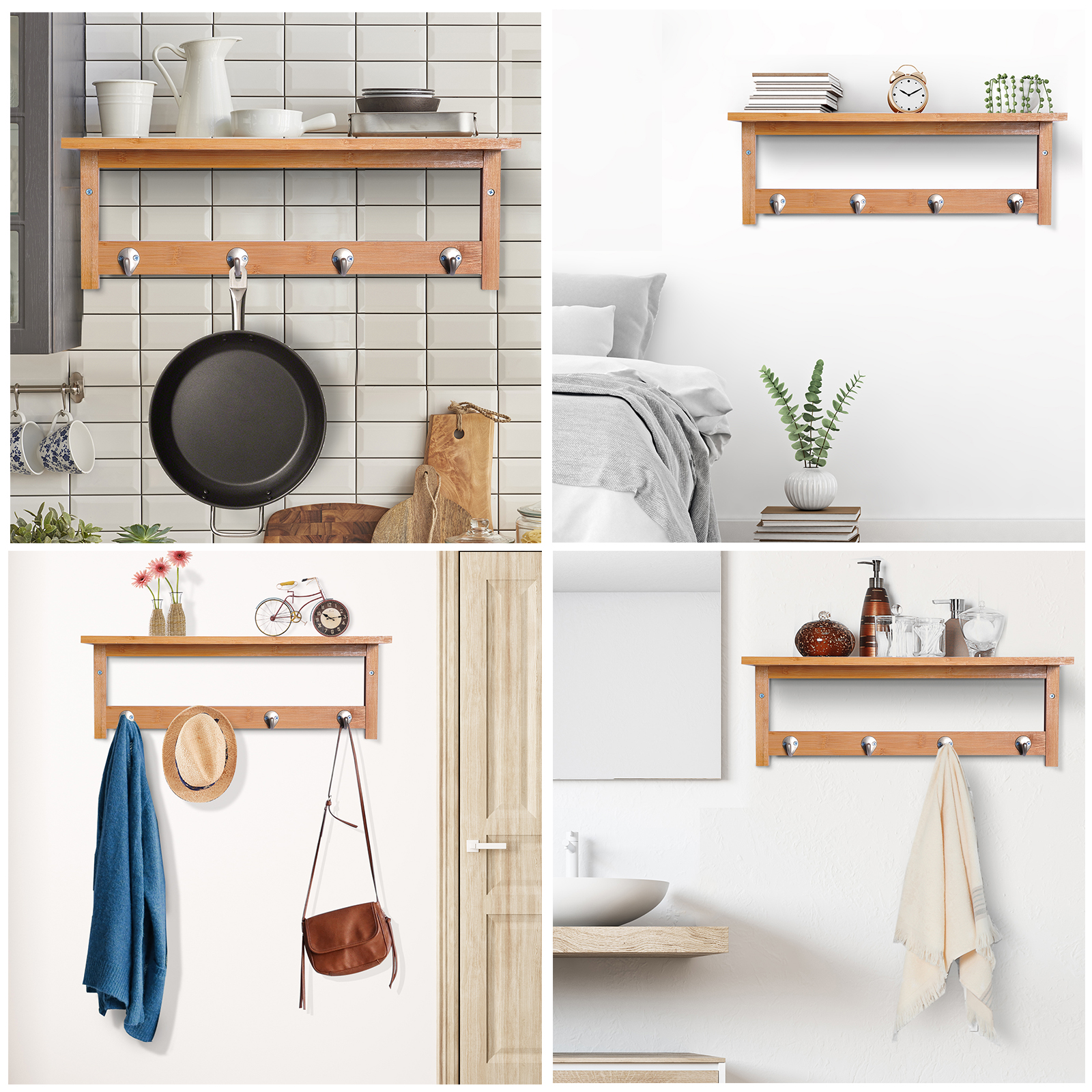 Wandgarderobe Garderobe mit Haken Wandmontage platzsparend 5 kg belastbar, 50 x 16 x 17,5 cm Naturholz