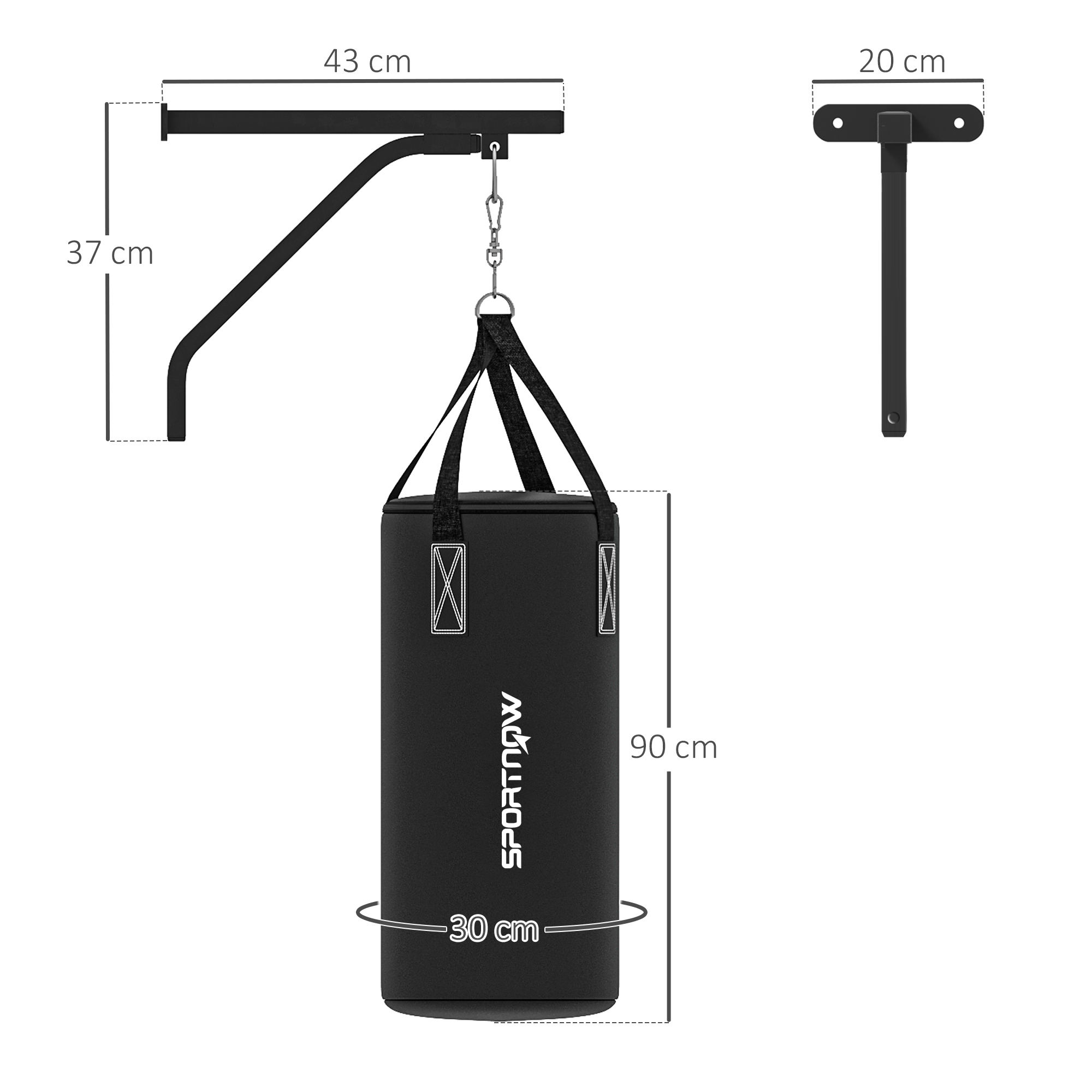 Boxsack, befüllbar, mit Wandhalterung, Handschuhen und Bandagen, bis 45 kg, Schwarz
