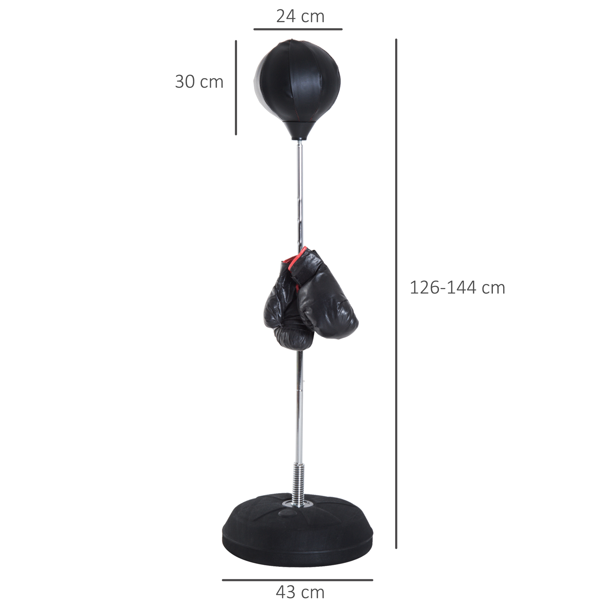 Box-Set mit Punchingball, höhenverstellbar, inkl, Boxhandschuhe, 126-144cm, Schwarz
