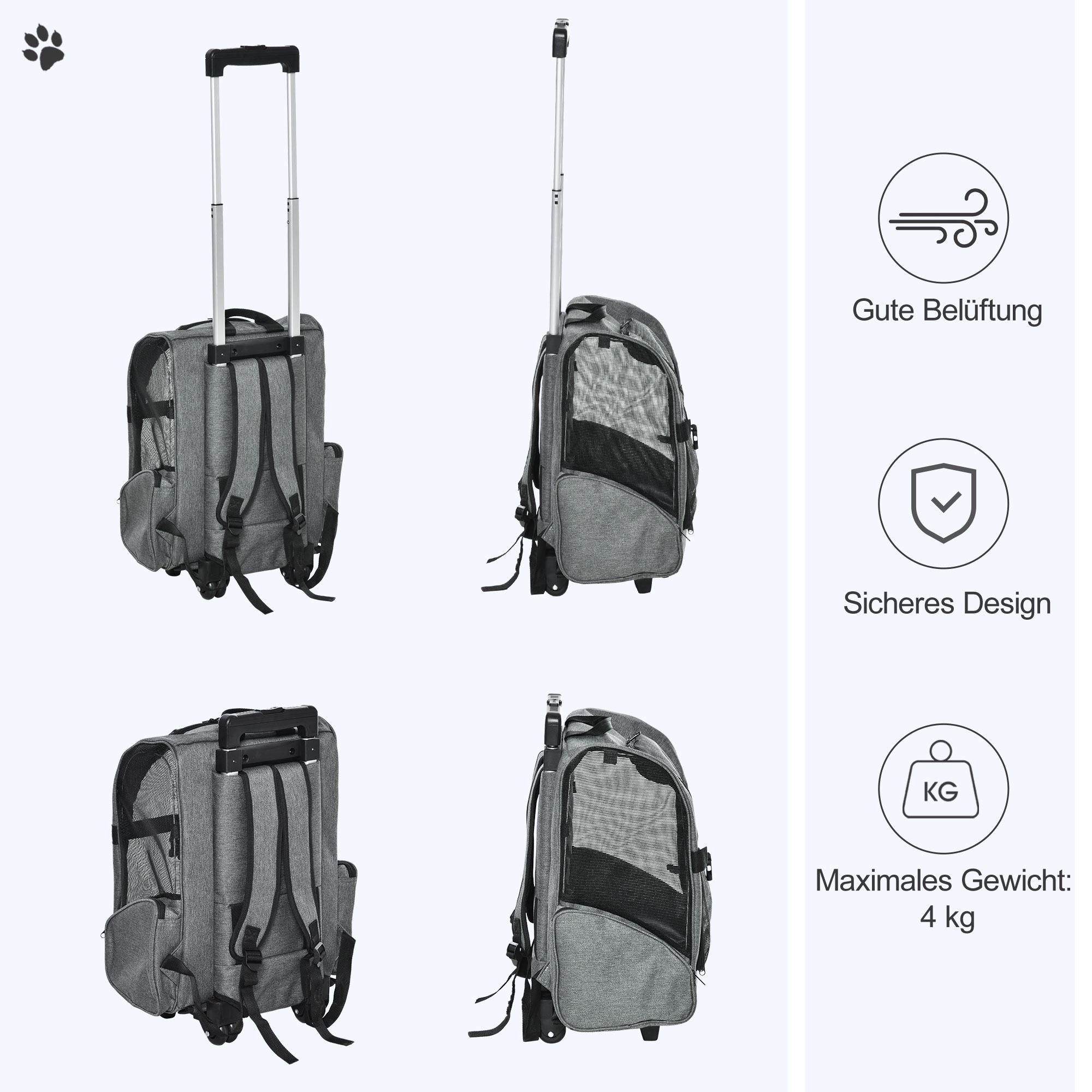 Hundetransporttasche, Haustierrucksack, 2-in-1-Design, ausziehbarer Griff, Seitentaschen, Grau, 42 x 25 x 55cm