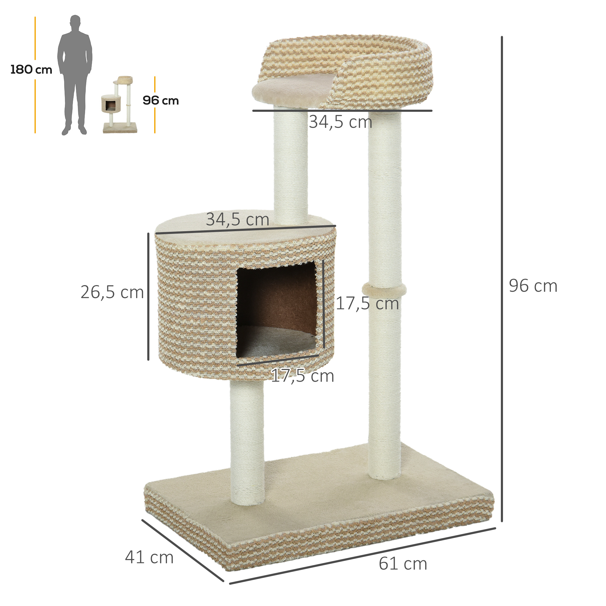 Katzenbaum Kratzbaum Kletterbaum Katzenkratzbaum, kuschelige Aussichtsplattformen, beige und kaffee, Spanplatte, Plüsch, Jute, 61x41x96 cm