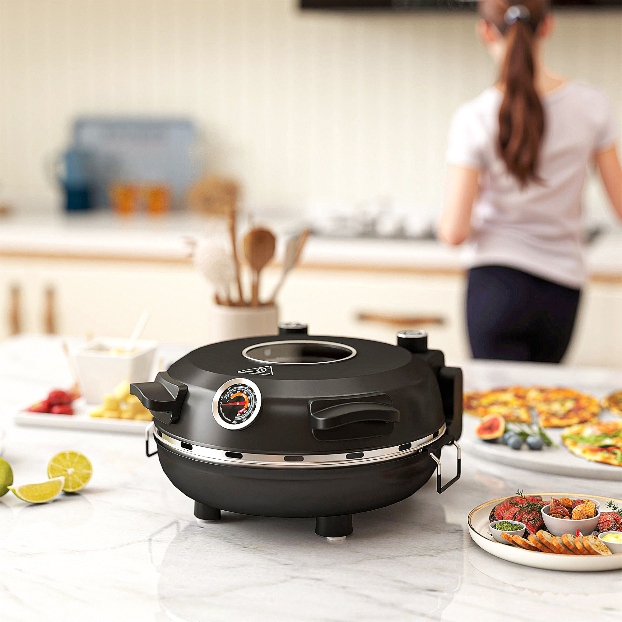 Pizzaofen elektrisch 430 ℃, 1200 Watt Pizzabäcker mit 30cm Steinplatte Timer Sichtfenster Edelstahl Schwarz