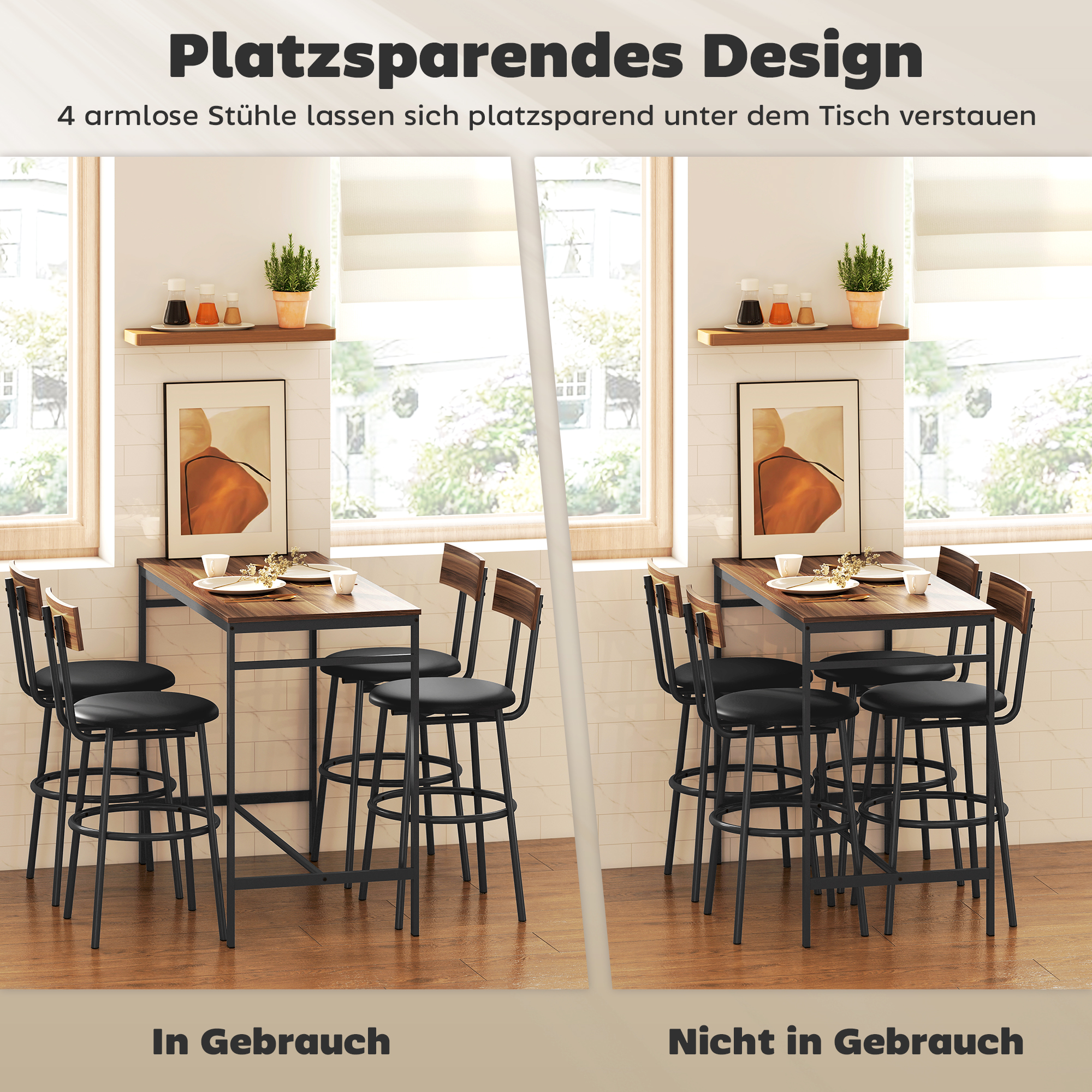 5-teiliges Bartisch-Set mit 4 Stühlen, Industrielles Design, für Küche, Esszimmer, Holz, Stahl, Braun