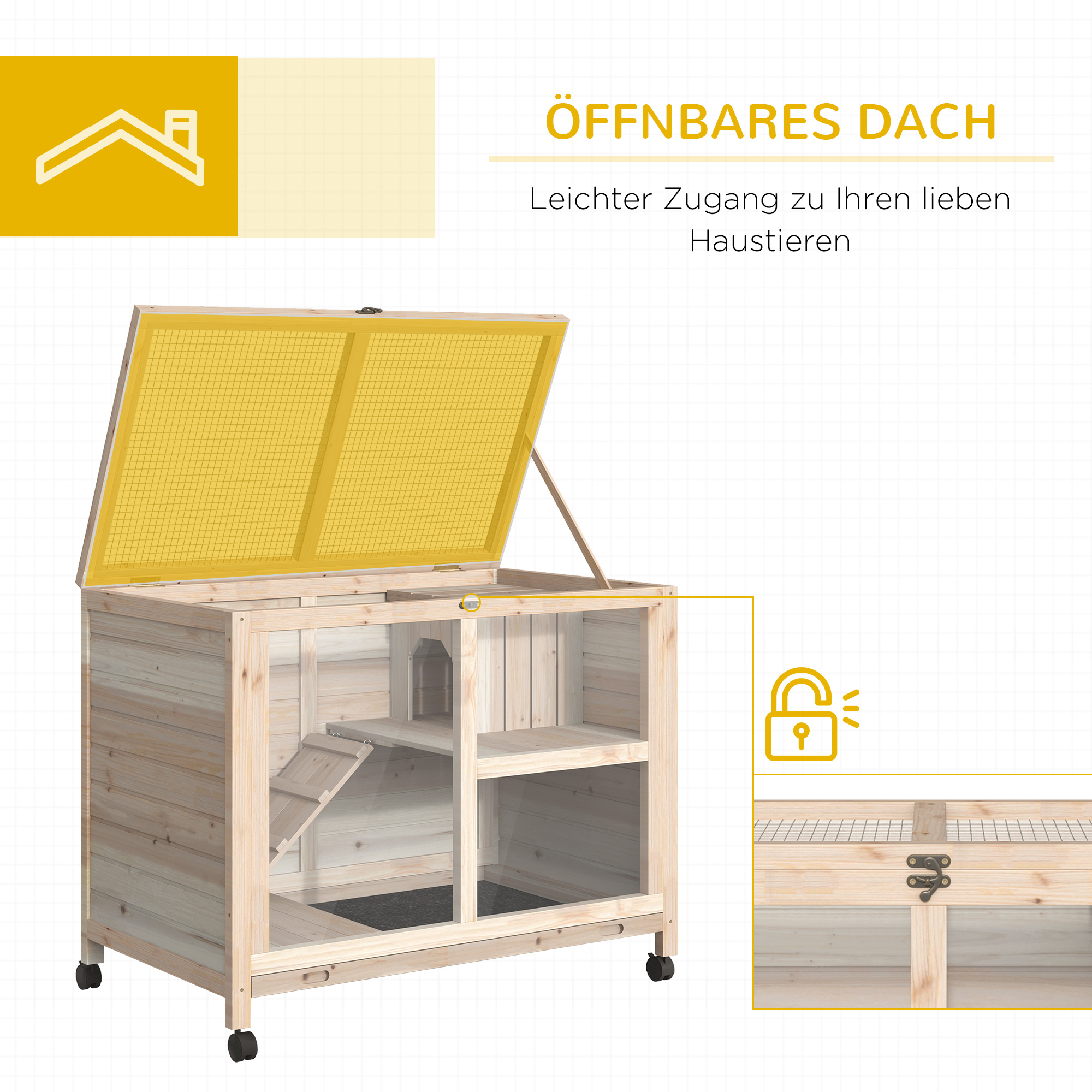 Kleintierstall mit 2 Ebenen 4 Rollen versiegeltes Tannenholz Natur