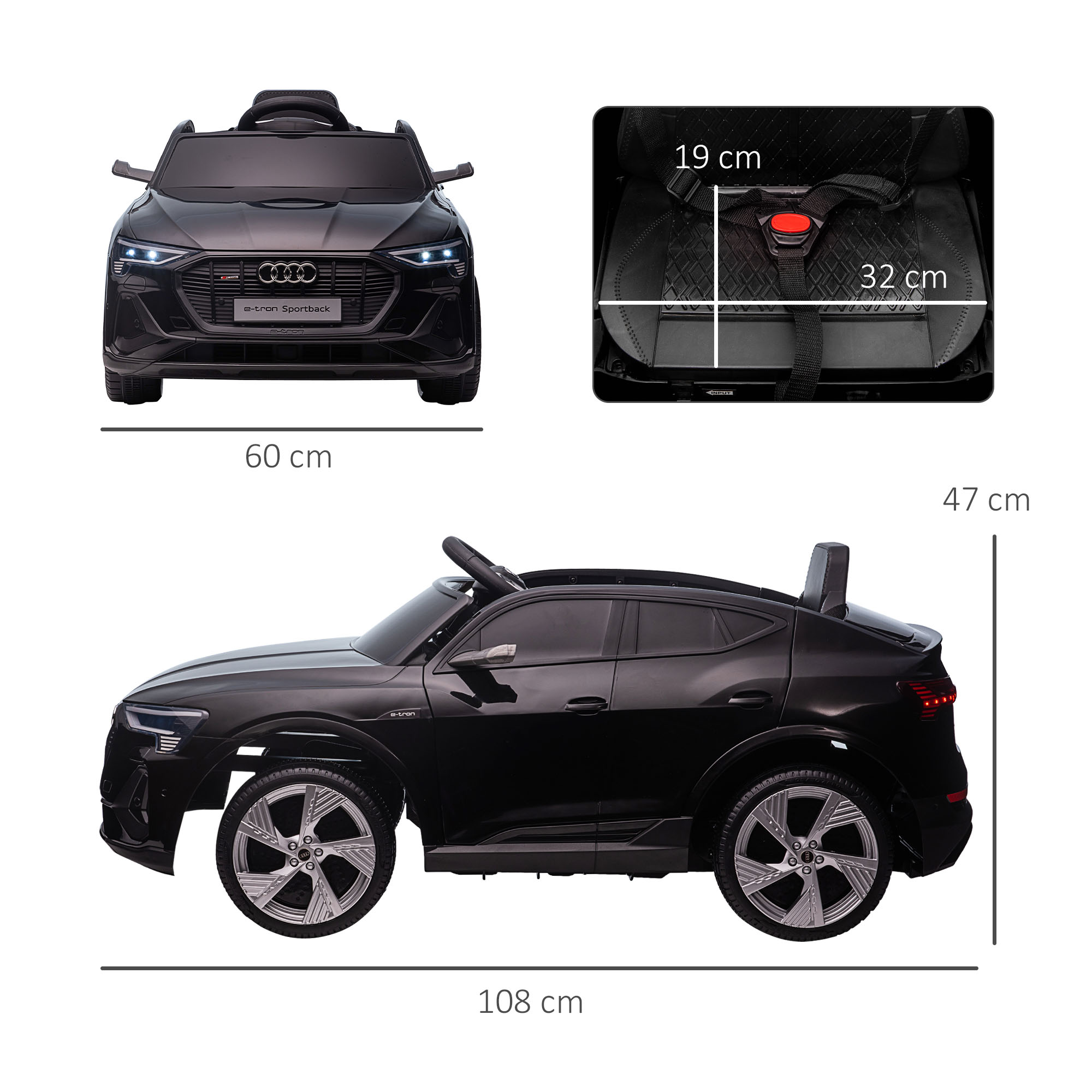 Kinderfahrzeug Audi E-tron Elektroauto mit Fernbedienung, Sicherheitsgurt, Musik (MP3/USB/TF), Kinderfahrzeug für Kinder 3-5 Jahre, 3-5 km/h, Schwarz