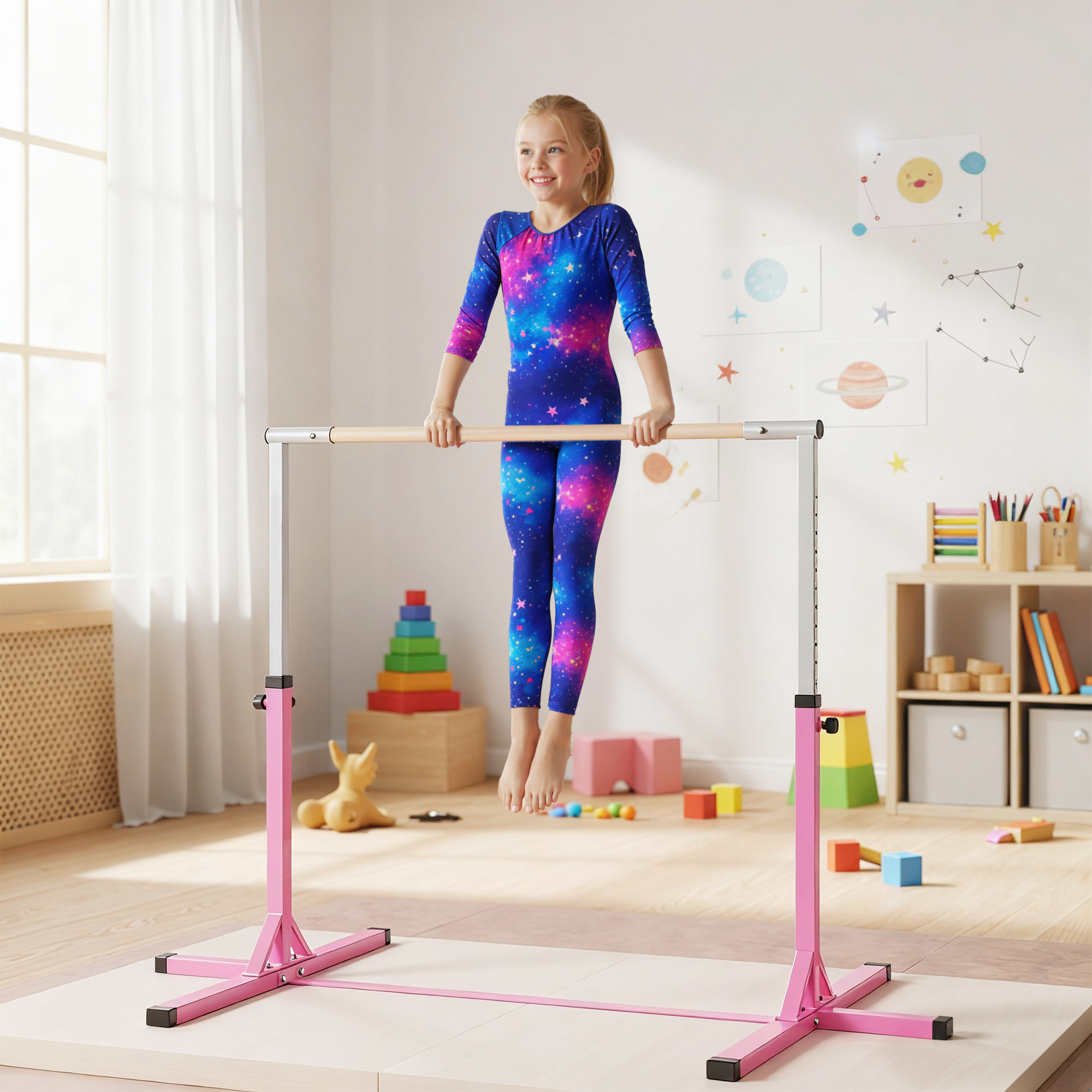 Gymnastik-Turnreck, 13-stufig höhenverstellbar Reckstange, Reck Turnstange aus Holz & stabile Stahlkonstruktion bis 75 kg belastbar, für 3+ Kinder, Indoor, Outdoor, Rosa