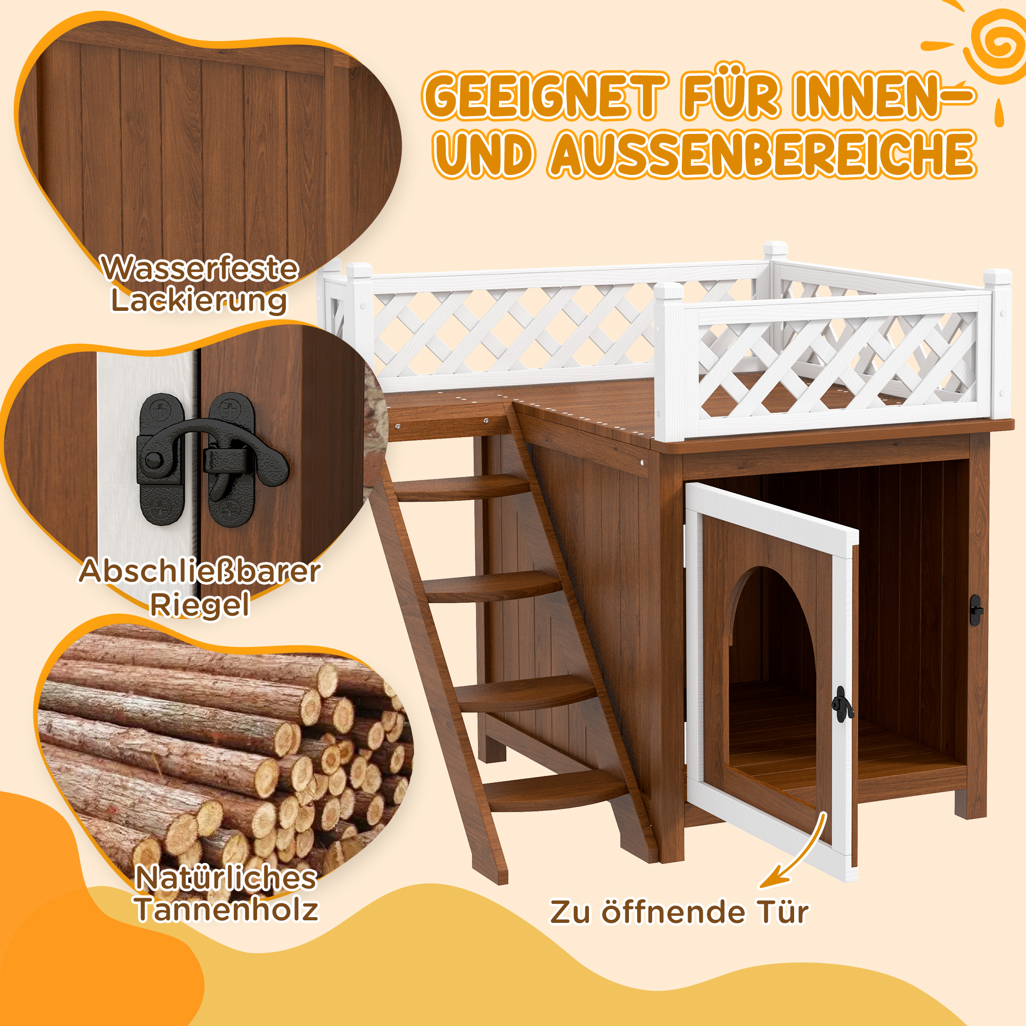 Katzenhaus, zweistöckig, mit Balkon und Treppe, für drinnen und draußen, für Katzen und Kaninchen, Tannenholz, Braun