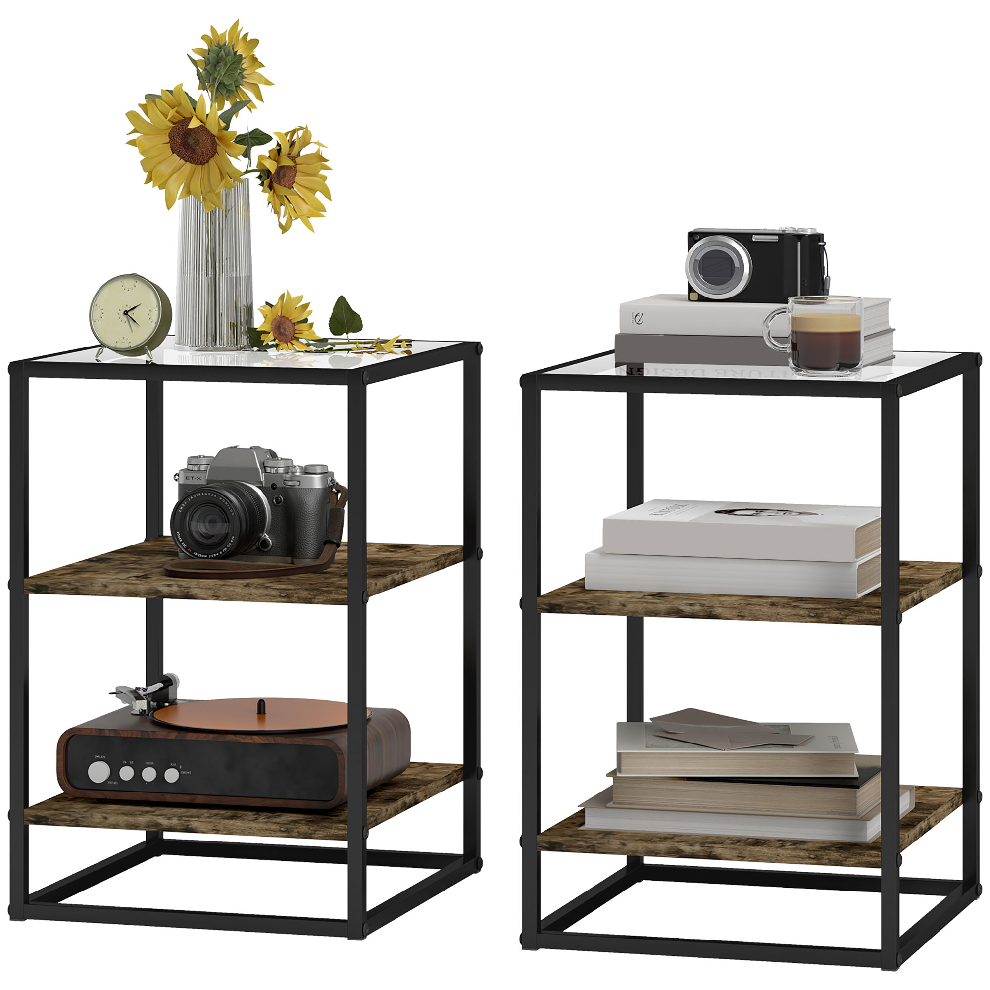 2er-Set Beistelltische mit Glasplatte, 3-stufiges Design, Metallrahmen, für Wohnzimmer, Schlafzimmer, Braun