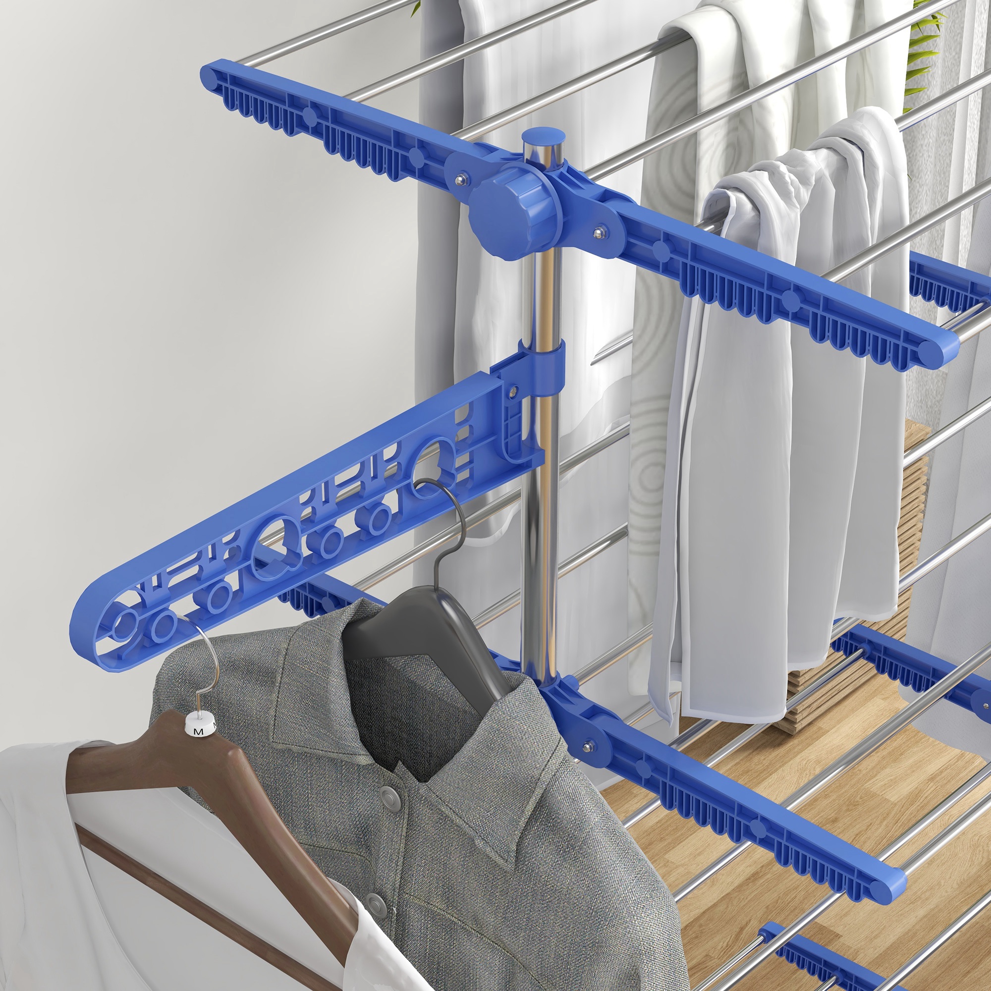 Wäschenständer Wäschetrockner 5 Ebenen, klappbar, One-Klick-System, 142 cm x 55 cm x1 72 cm, Blau + Silber