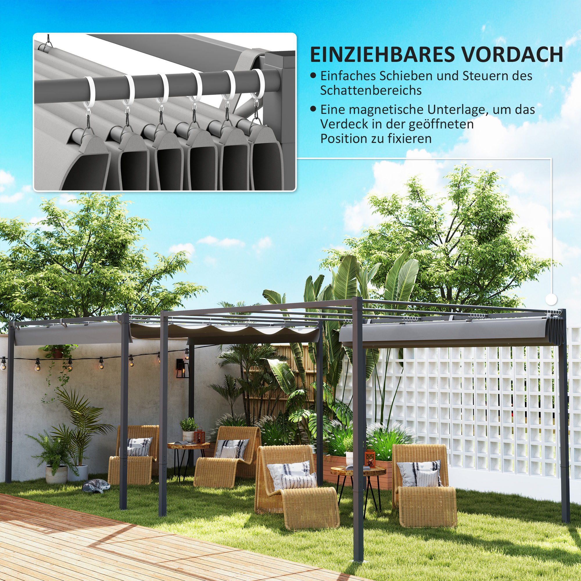 3 x 3 m Garten-Pergola mit einziehbarem Dach, Pavillon, Baldachin für Schatten, UPF30+, Grau