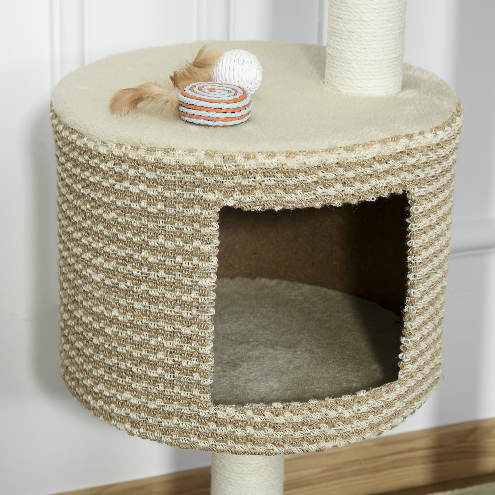 Katzenbaum Kratzbaum Kletterbaum Katzenkratzbaum, kuschelige Aussichtsplattformen, beige und kaffee, Spanplatte, Plüsch, Jute, 61x41x96 cm