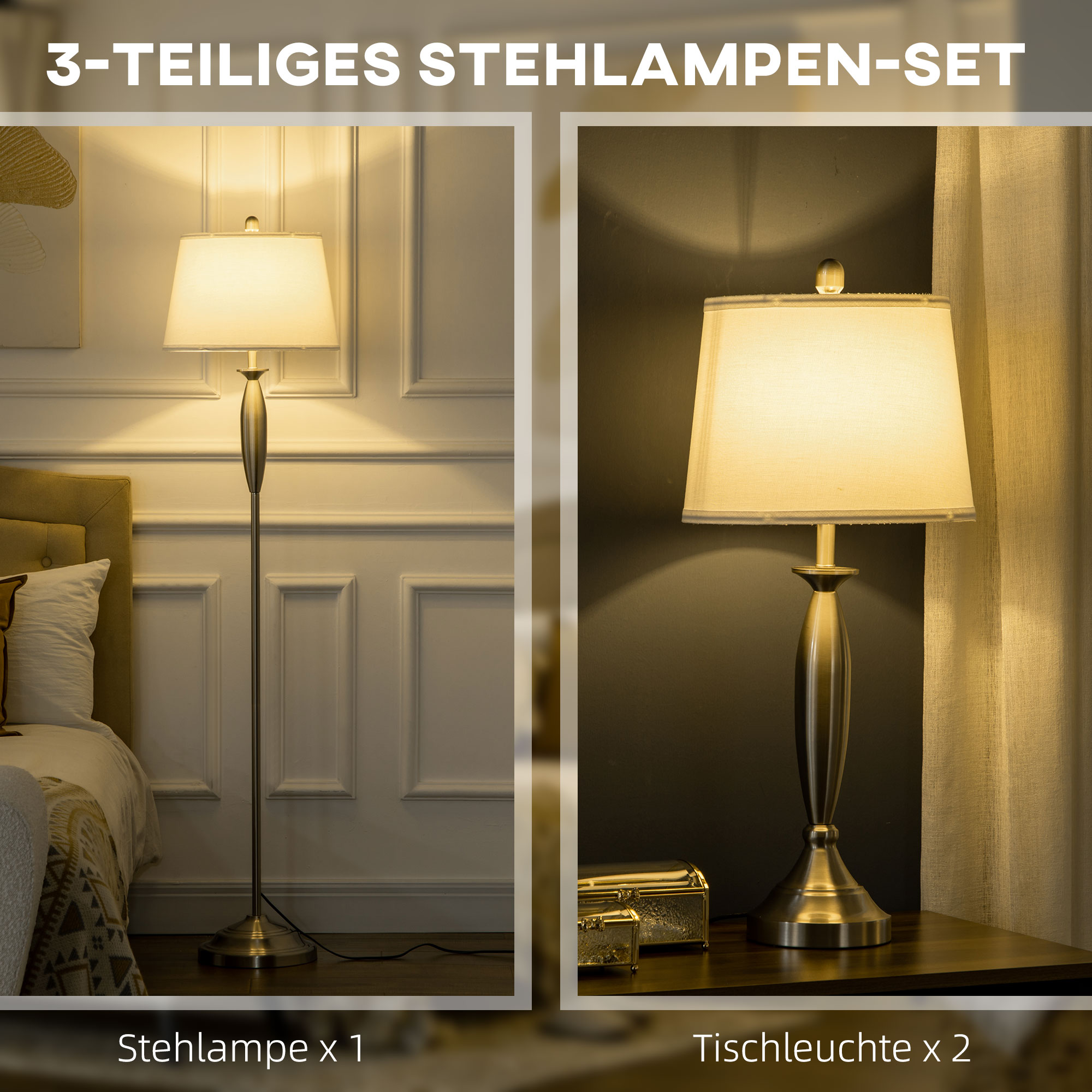 3-teiliges Leuchten-Set, 1 Stehleuchte, 2 Tischleuchten, Leinenoptik; 38 cm x 38 cm x 158 cm, Silber + Weiß