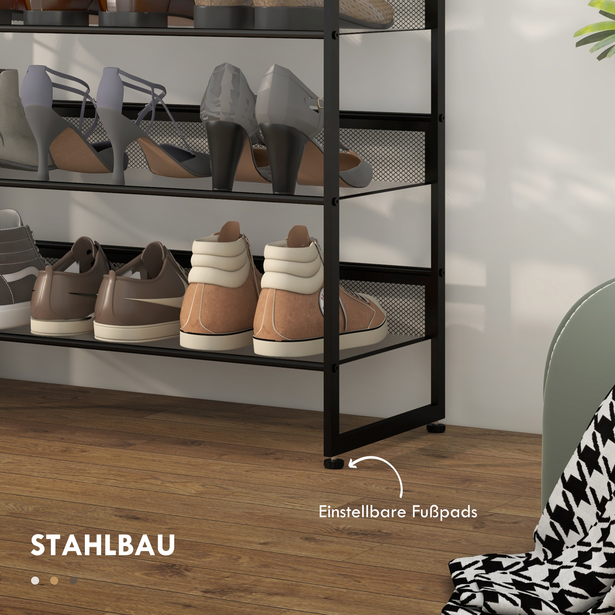 kleines Schuhregal Schuhablage Schuhständer hoch schmal, 5 Regale, 72 cm x 30 cm x 102 cm, Schwarz