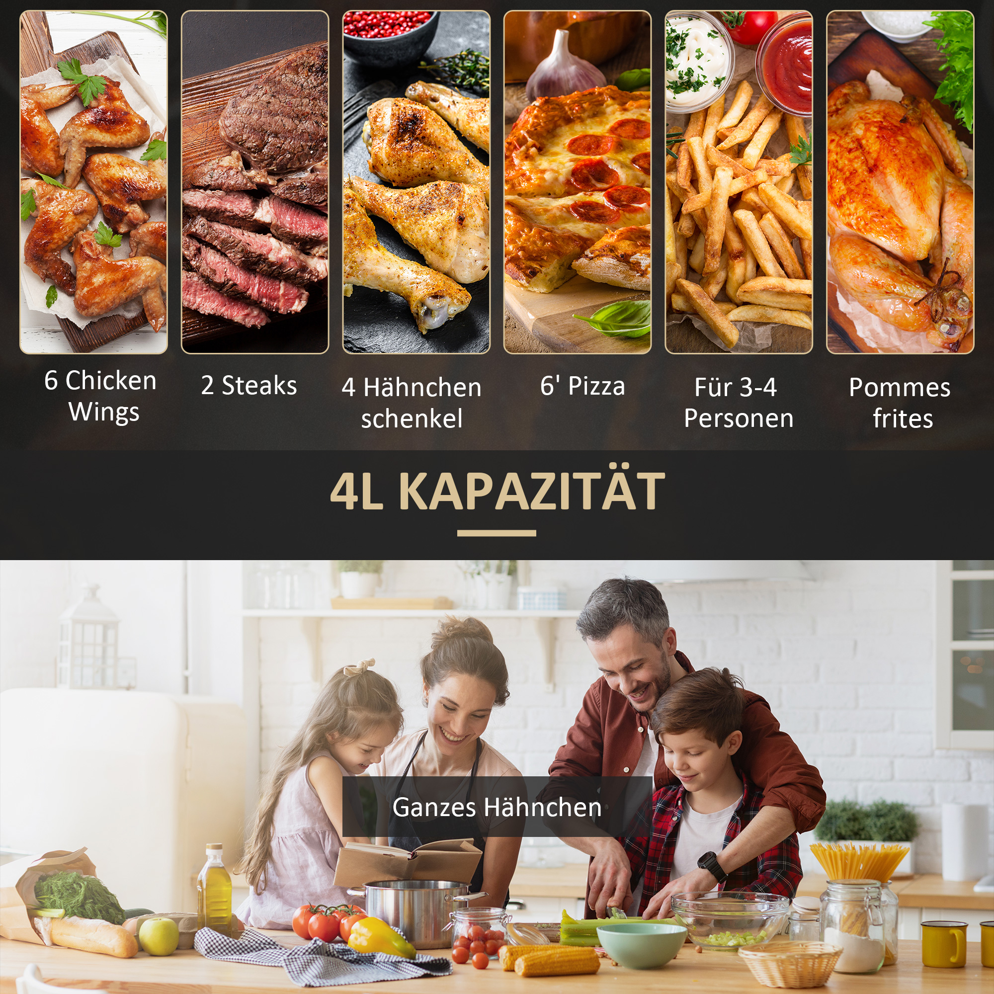 Heißluftfritteuse 4L, 12 Programme, 80-200° C Temperatur, Antihaftbeschichtung, Schwarz