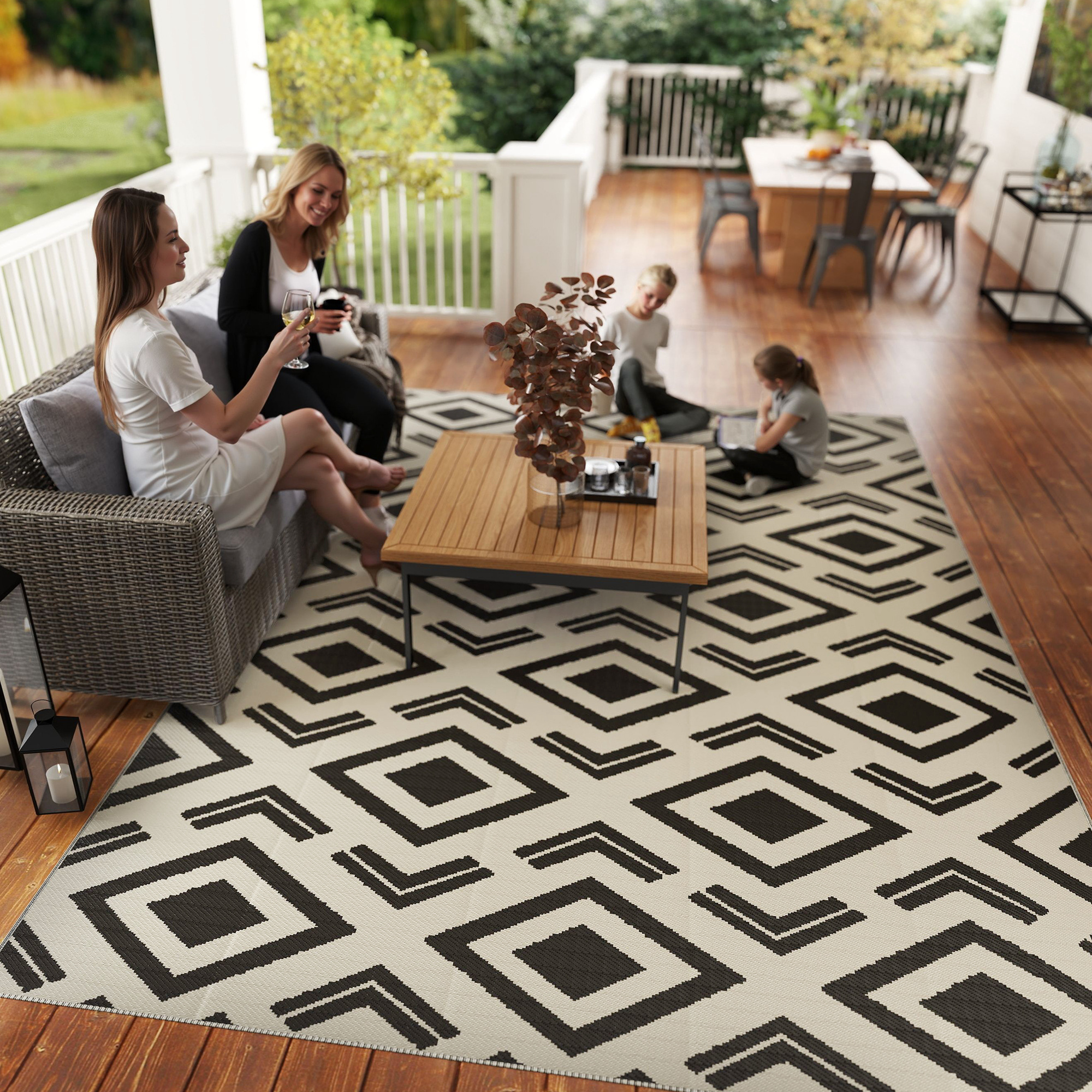 Outdoor Teppich robuster Wetterfest Outdoorteppich mit Tragtasche, faltbar Carpet Boho-Style 182 x 274 cm Schwarz+Weiß