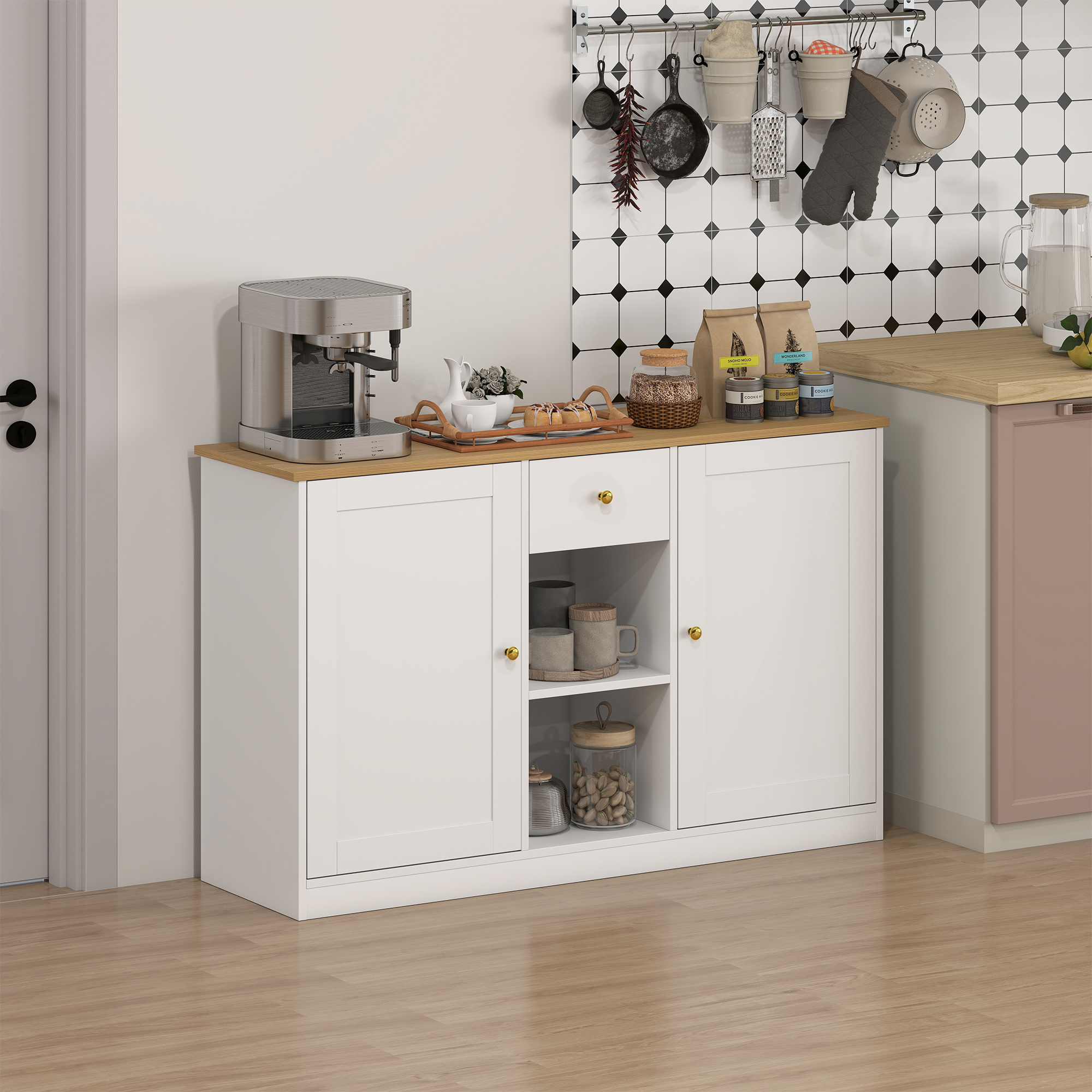 Küchenkommode, Sideboard mit Schublade, Schränken, Regalen, Spanplatte, Weiß