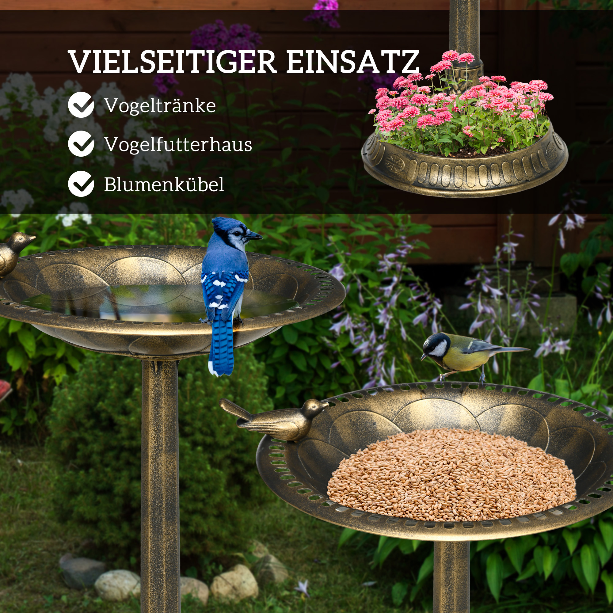 Vogeltränke, Vogelbad mit Statue, Blumenmuster, 2 Becken, Kunststoff, antiker Look, 50B x 72H cm, Bronzefarben