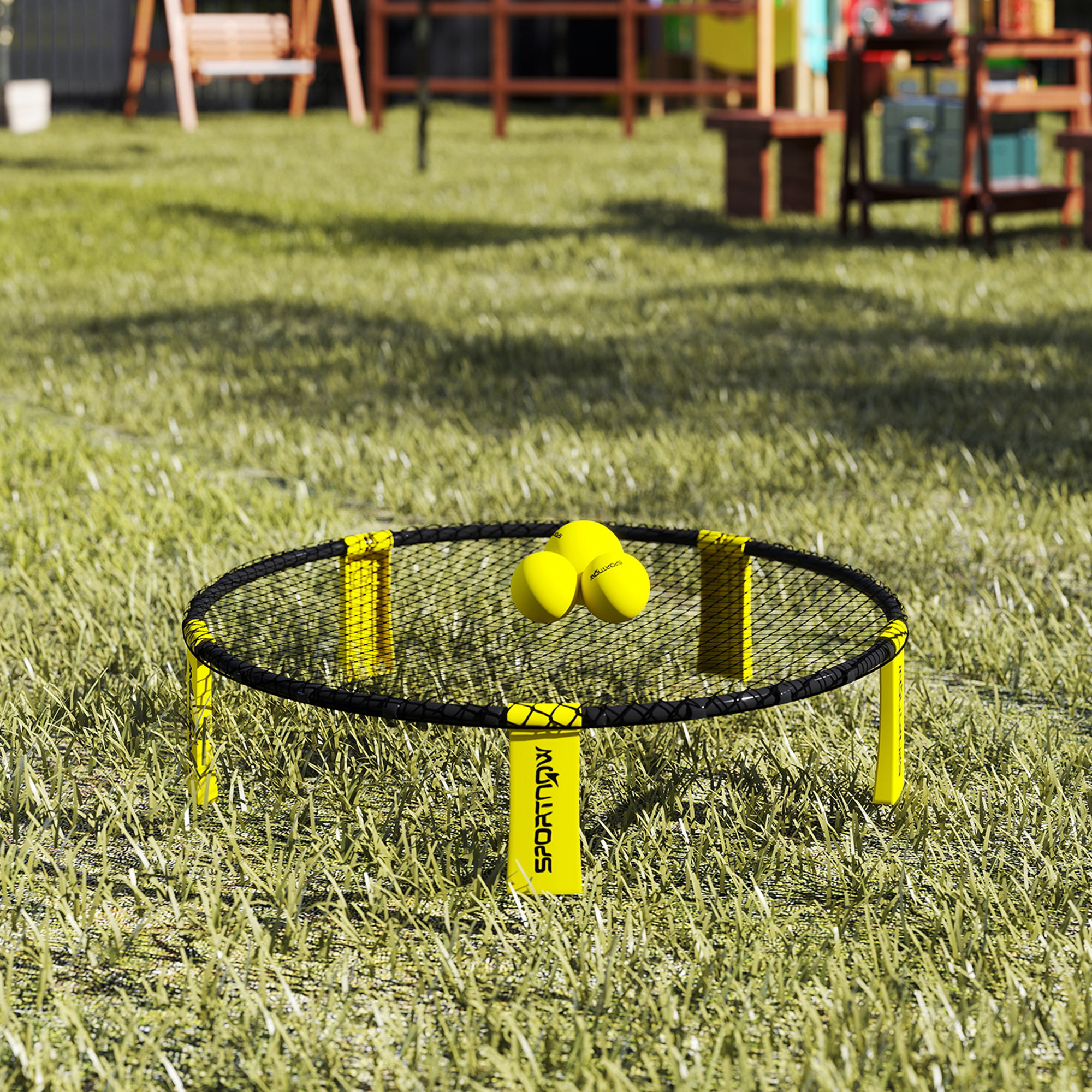 Roundnet Set Spieleset mit Spielnetz 3 Bällen Tragetasche Ballpumpe Spikeball Set Ø92 x 20 cm Gelb