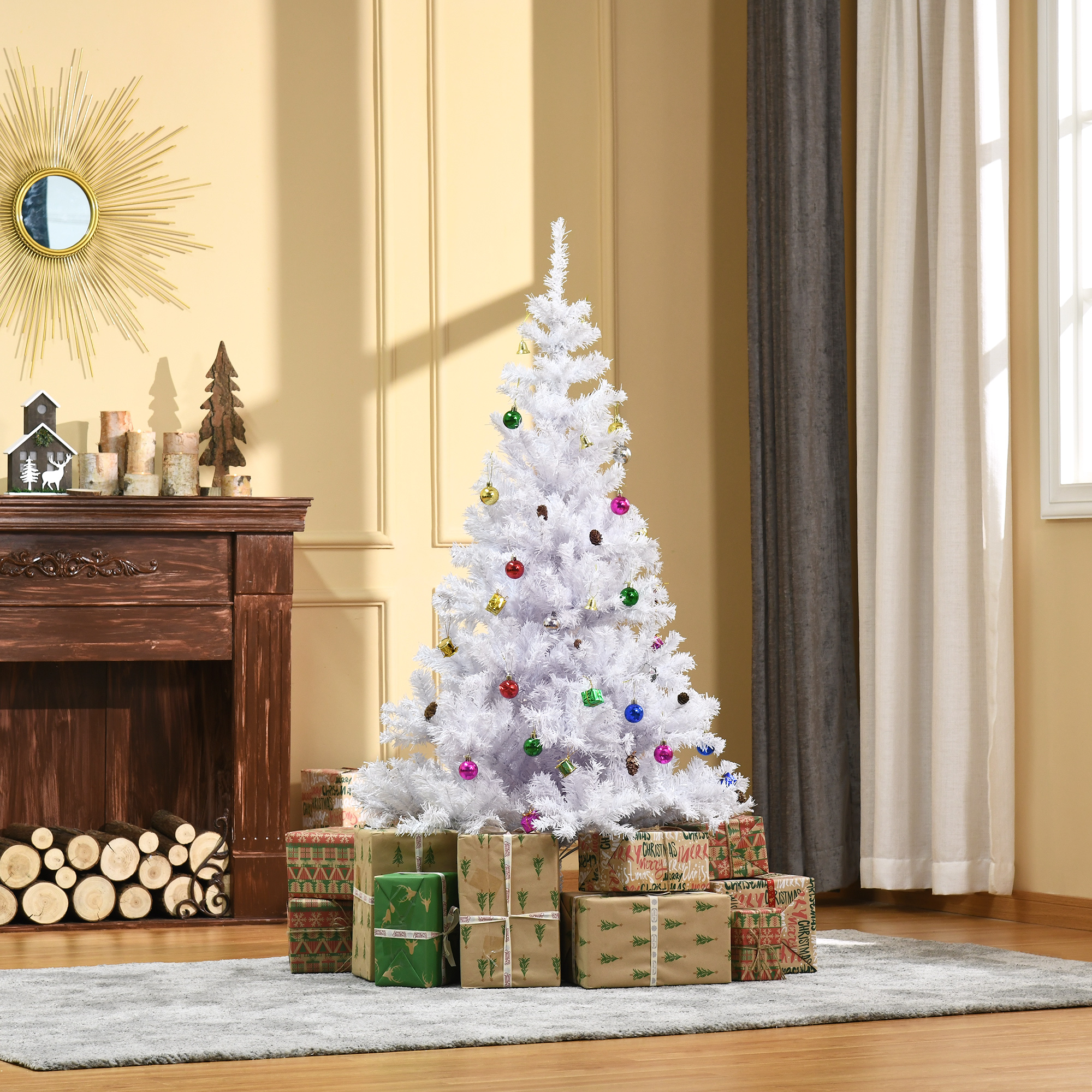 Weihnachtsbaum 150 cm künstlich Tannenbaum mit Kugeln, Glocken, Trommeln, Geschenkboxen, Christbaum mit 680 Spitzen, 12 Tannenzapfen Weihnachtsdeko inkl, Metallständer für drinnen