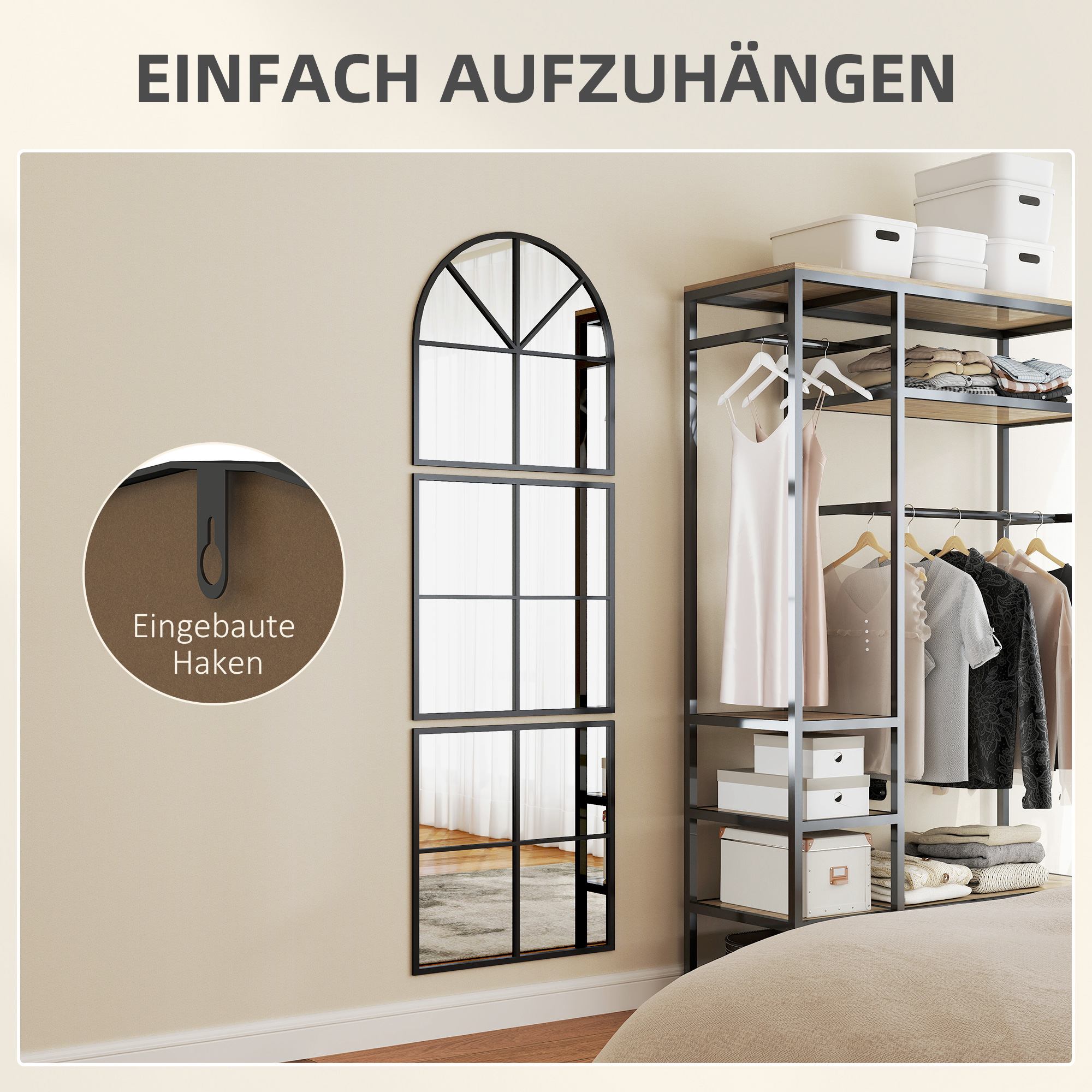 Wandspiegel dreiteilig, bogenförmiger Spiegel mit Metallrahmen, dekorativ 60 x 2 x 180 cm Schwarz