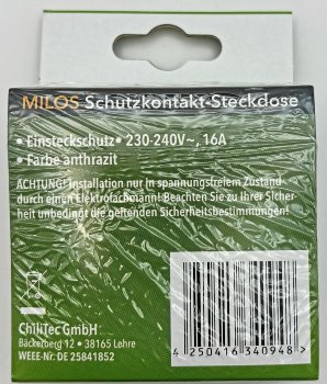 MILOS Schutzkontakt-Steckdose, Anthrazit, 250V~/ 16A, mit Rahmen, Klemmanschluss