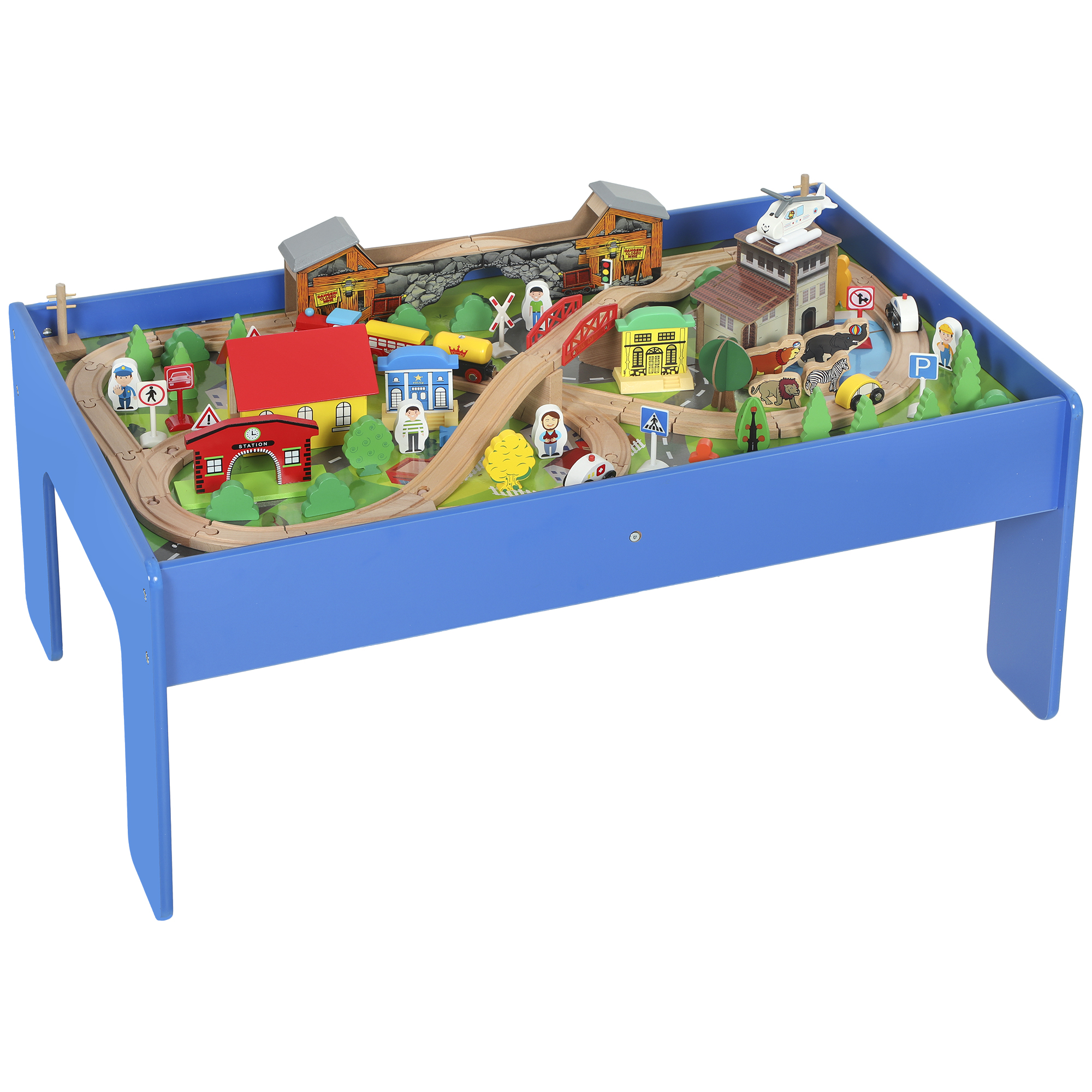 Spieltisch, 108-teiliges Eisenbahn-Set aus Holz, mit abnehmbarer Tischplatte, Eisenbahntisch, 98x60,5x40 cm, Blau