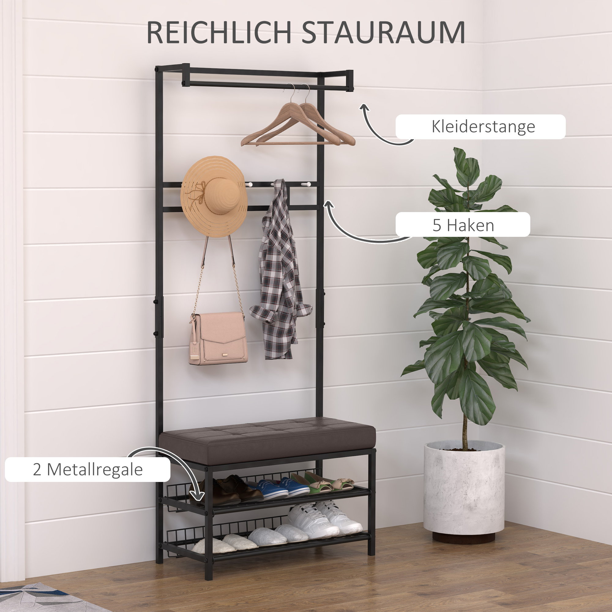 Garderobenständer Kleiderständer mit 5 Haken und Schuhbank mit 2 Ebenen Garderobe aus Metall für Flur, Schlafzimmer, 72,5 x35 x 180cm
