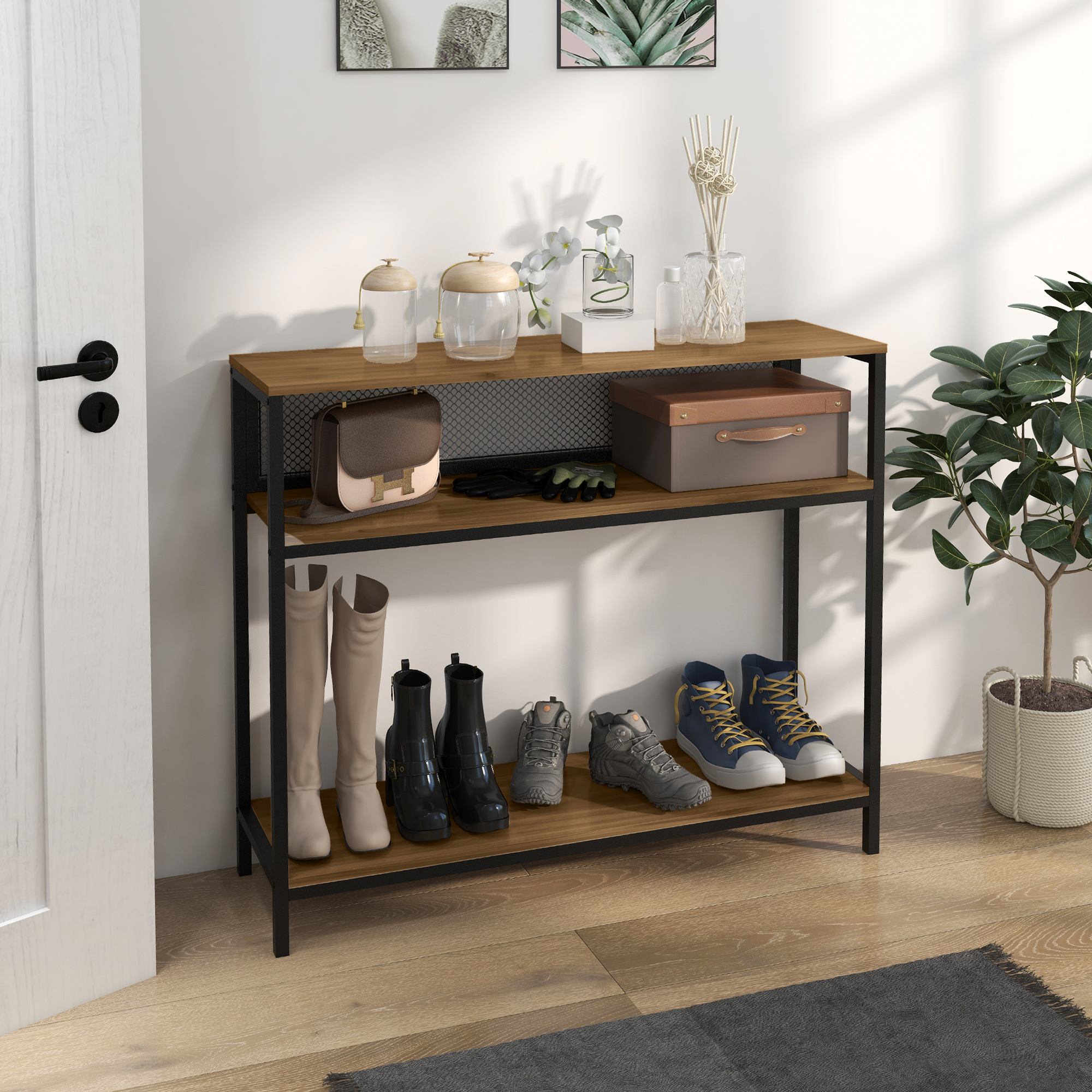 Sideboard Konsolentisch Flurregal, Industriedesign, 100 cm x 29,5 cm x 90 cm, Braun + Schwarz