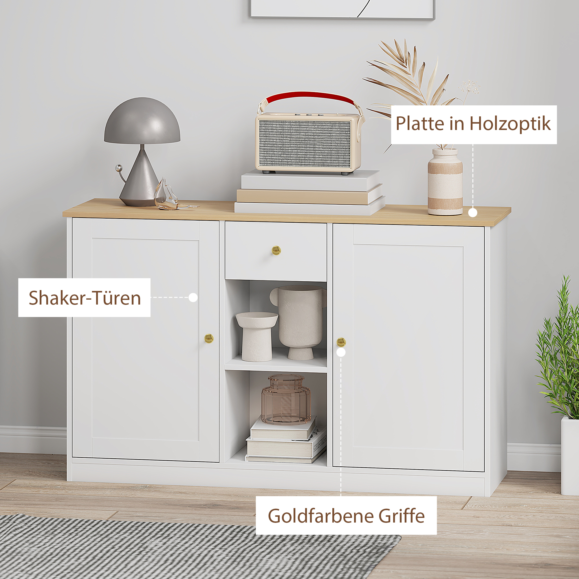 Küchenkommode, Sideboard mit Schublade, Schränken, Regalen, Spanplatte, Weiß