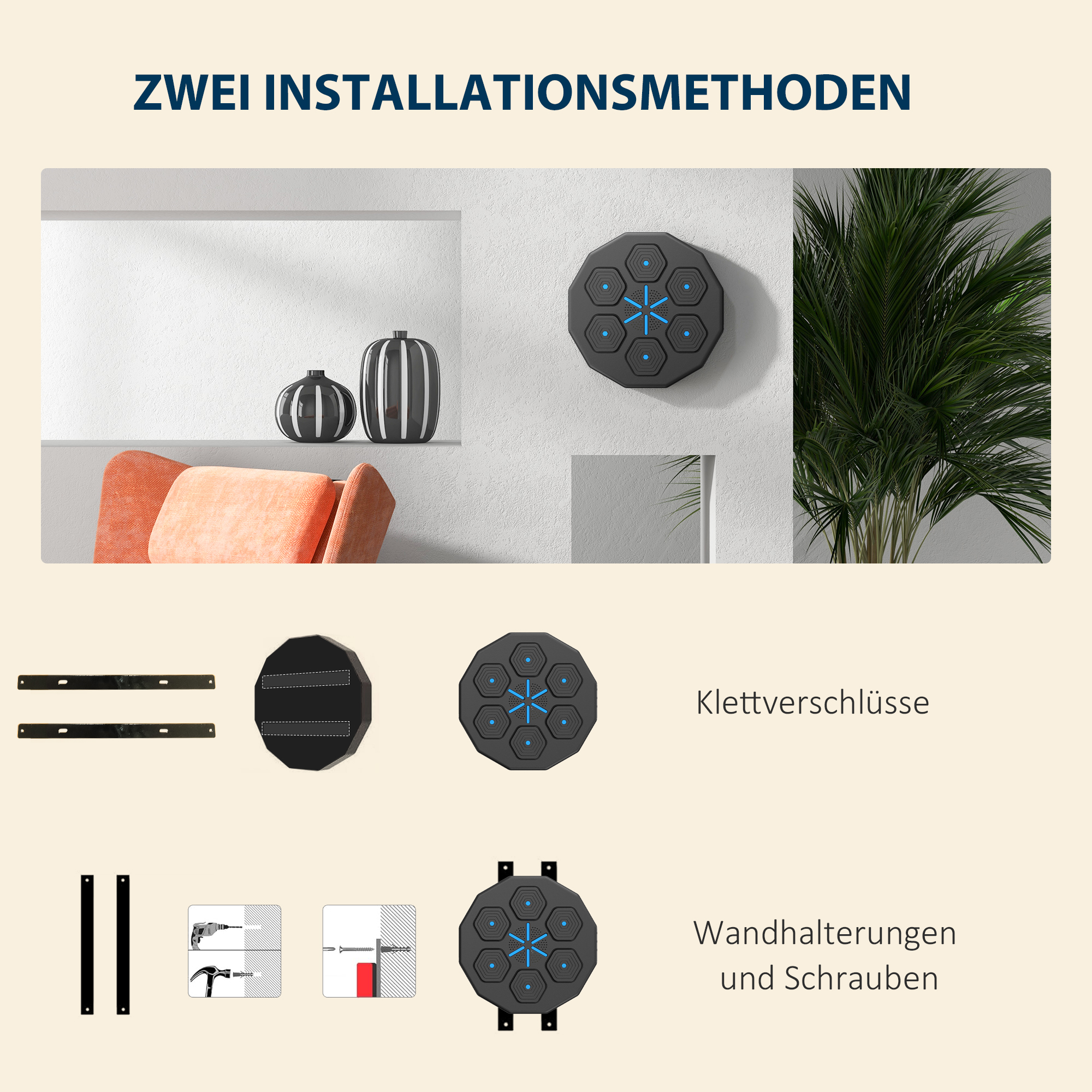 Boxtrainer mit Musikfunktion, Bluetooth, leuchtende Punkte, Wandaufhängung, Kunstleder, Schwarz