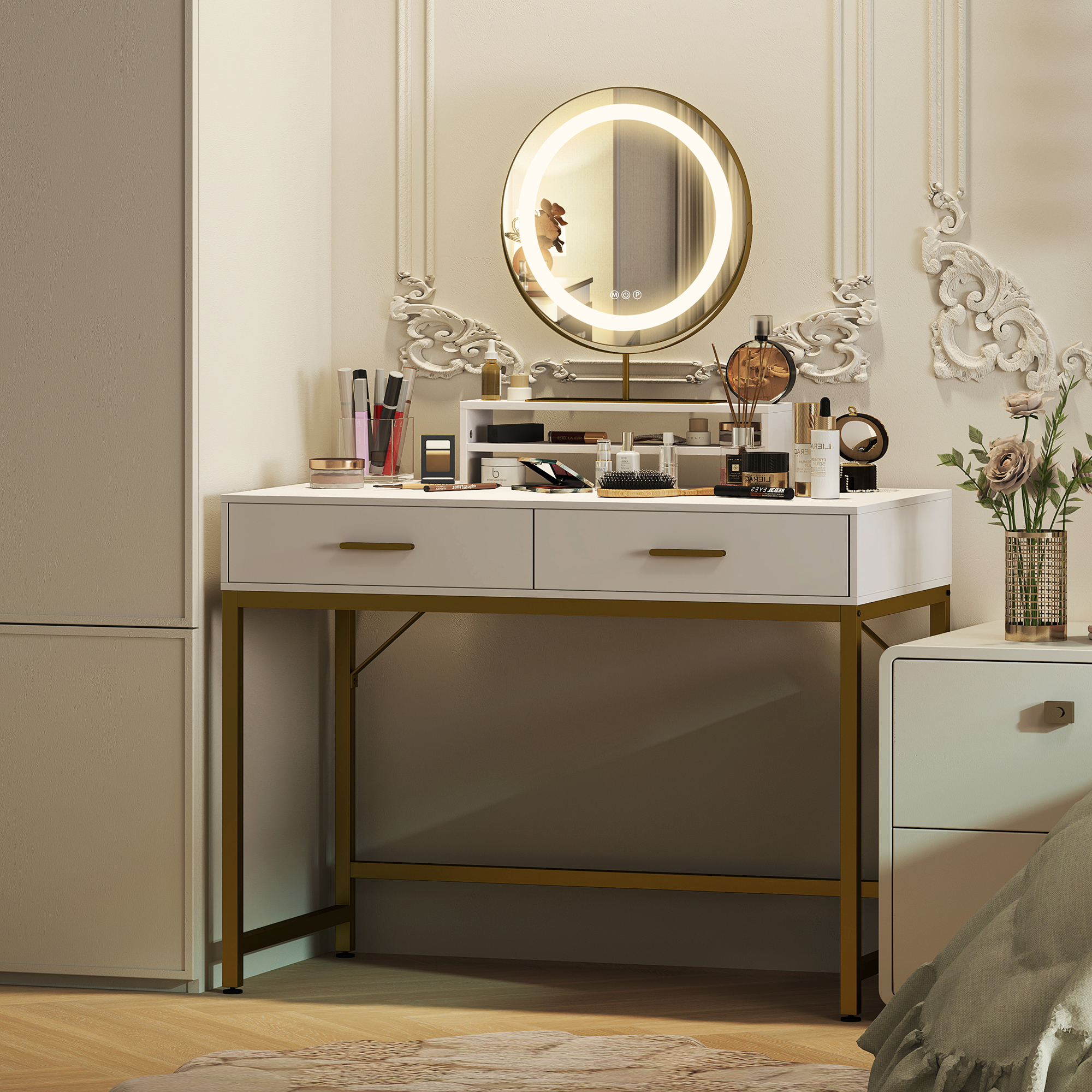 Kosmetiktisch mit 360° Spiegel, LED-Beleuchtung, 2 Schubladen, Weiß/Gold