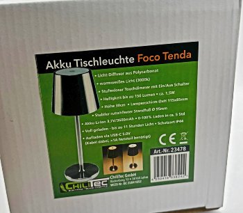 LED Akku-Tischleuchte "Foco Tenda", 2900K, IP44, Touchschalter, 30cm