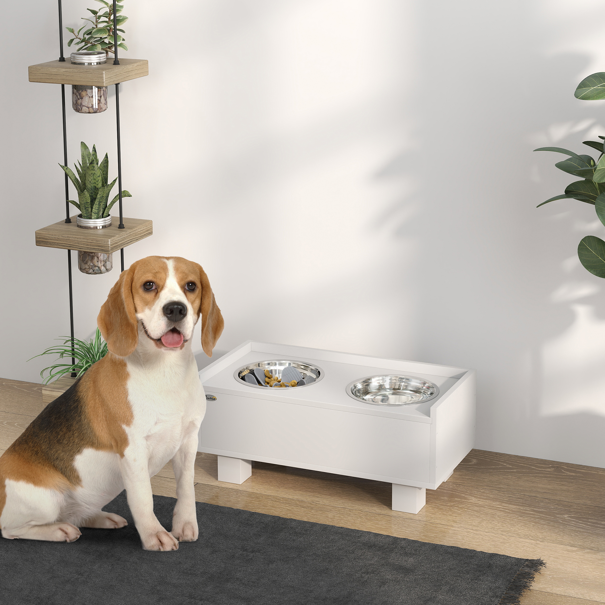 Erhöhte Fütterungsstation für Hunde, mit abnehmbarer Slow-Feeder-Matte, 2 Aluminiumschüsseln, Stauraum, Weiß