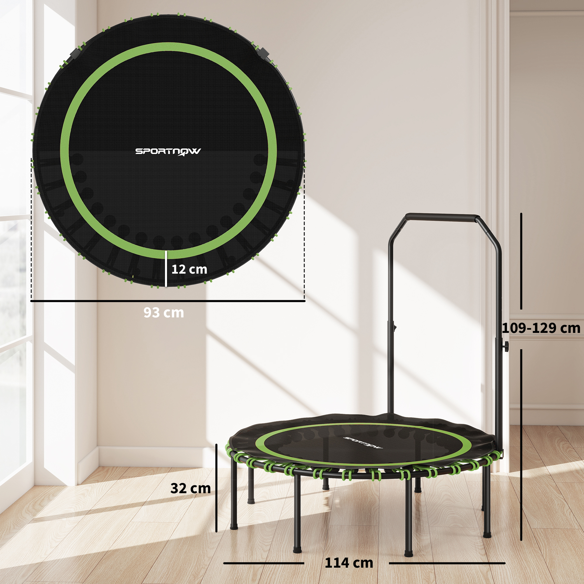 Fitness-Trampolin mit verstellbarem Handlauf, Sport-Trampolin für drinnen und draußen, Stahl, Kunststoff, Grün