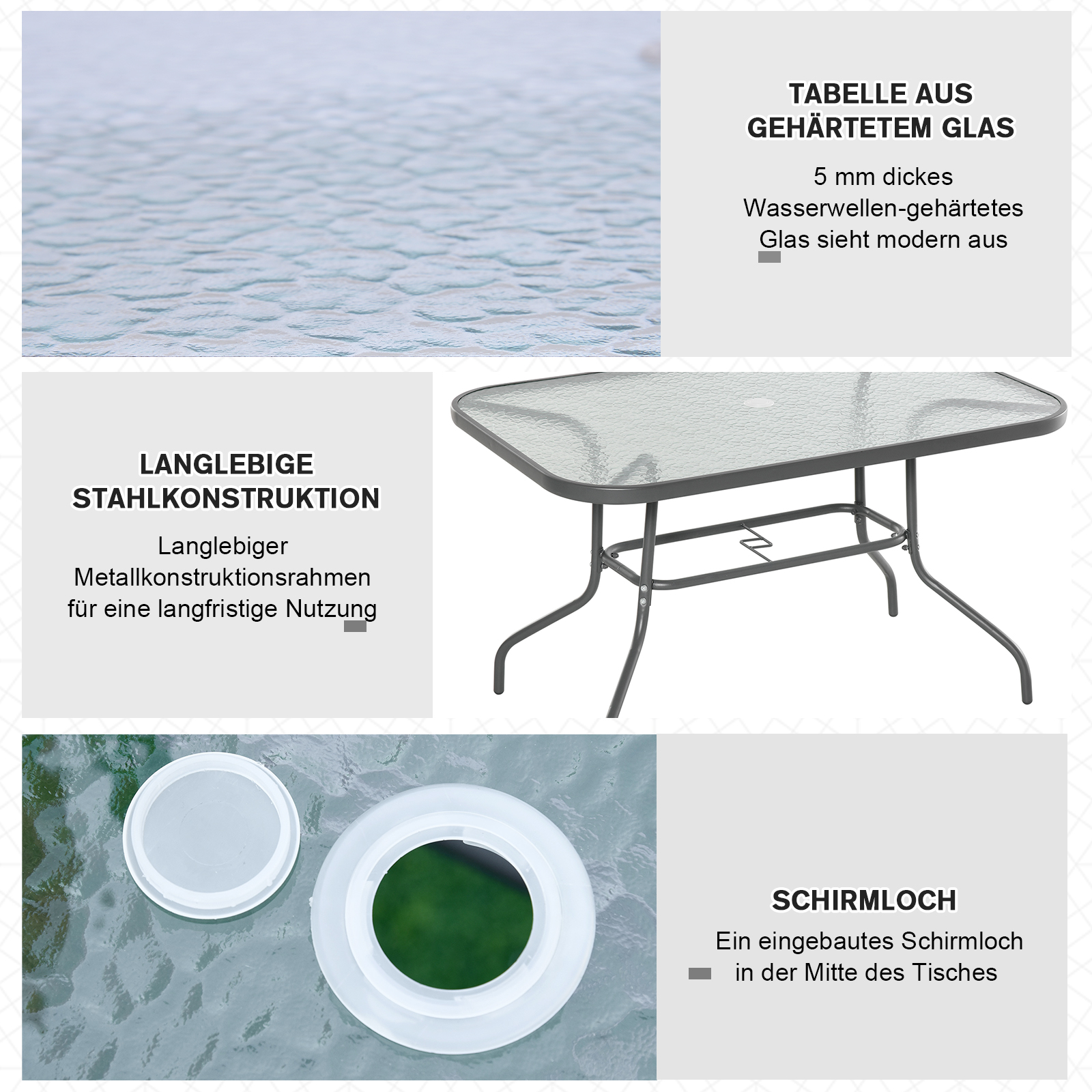 Gartentisch Bistrotisch Balkontisch Garten Beistelltisch Bistrotisch Gartenmöbel mit Glasplatte Schirmloch Hartglas + Metall Carbongrau  120 x 80 x 70 cm
