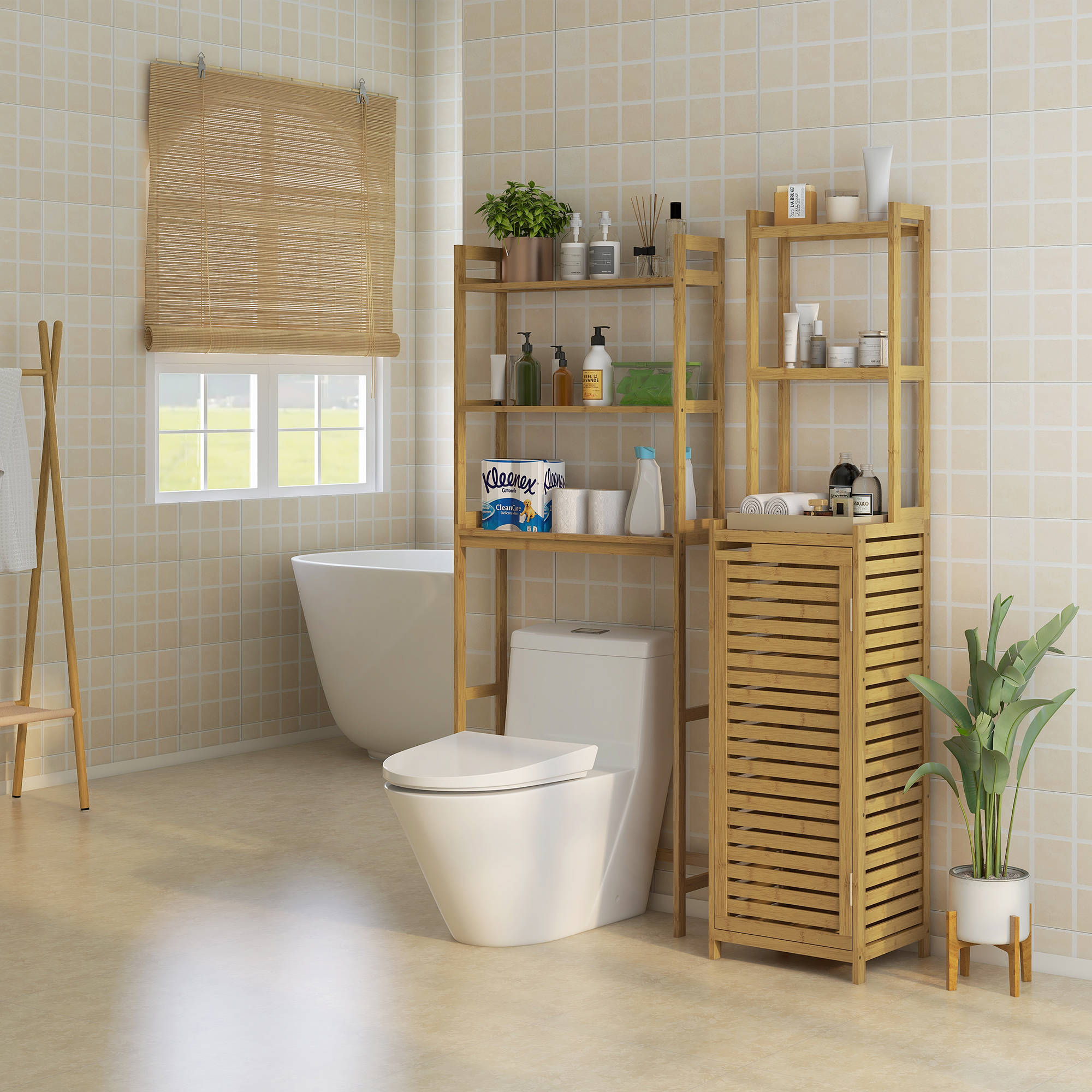 Badezimmerregal Badregal, 3 Regale, 1 Schrank, 38,5 cm x 33 cm x 170 cm, Natur