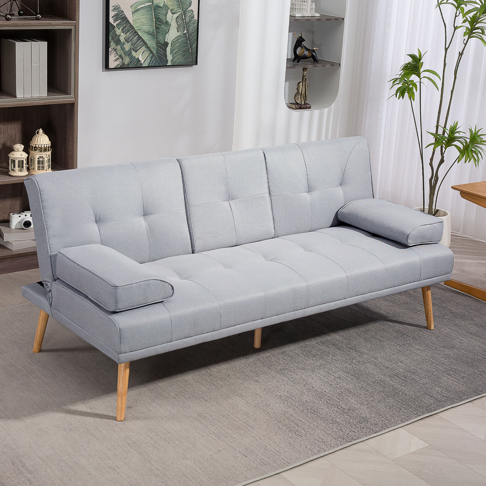 Schlafsofa, 3-Sitzer-Sofa, Bettsofa mit Klappbarem Tisch, Stoffsofa mit Leinenoptik, Schlafcouch mit Becherhalter, im Skandi-Design, bis 250 kg Belastbar, Hellgrau