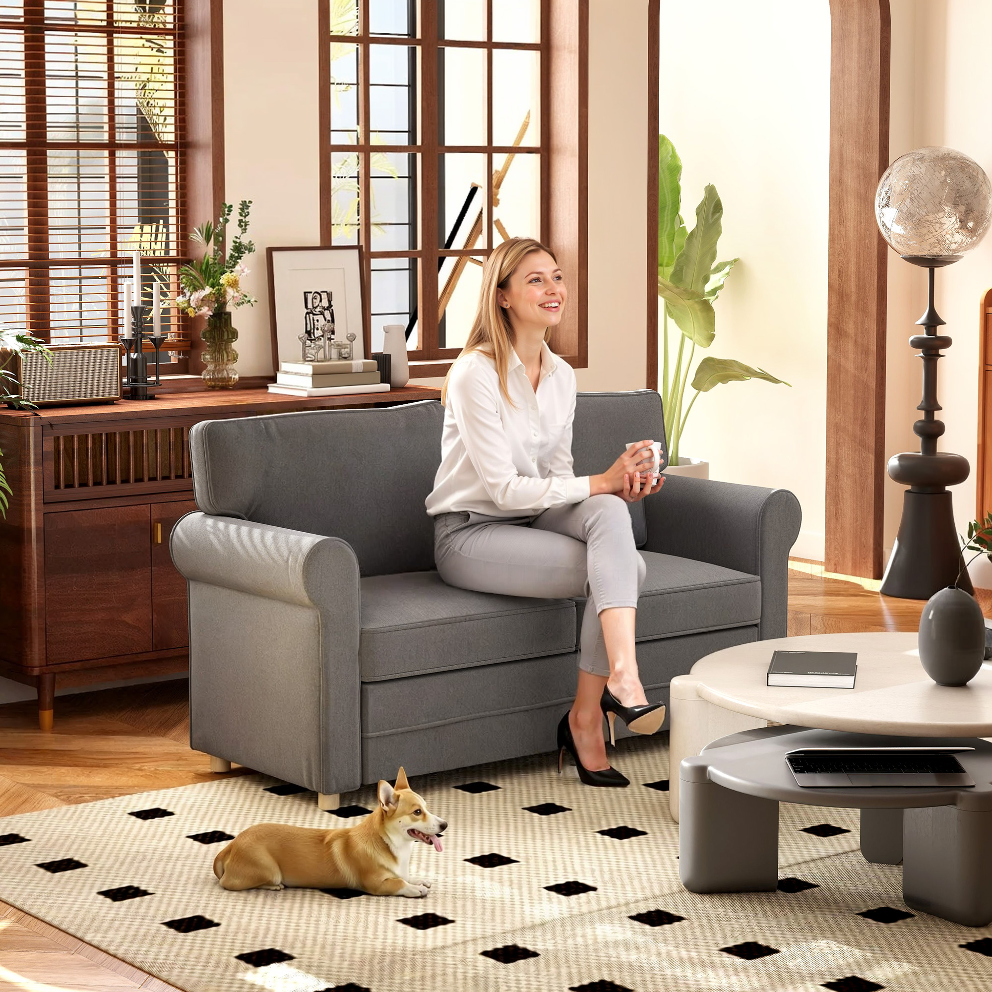 2-Sitzer-Sofa, Kompakte Wohnzimmercouch, Stoff in Leinenoptik, weiche Sitzkissen, Stahlrahmen, Dunkelgrau