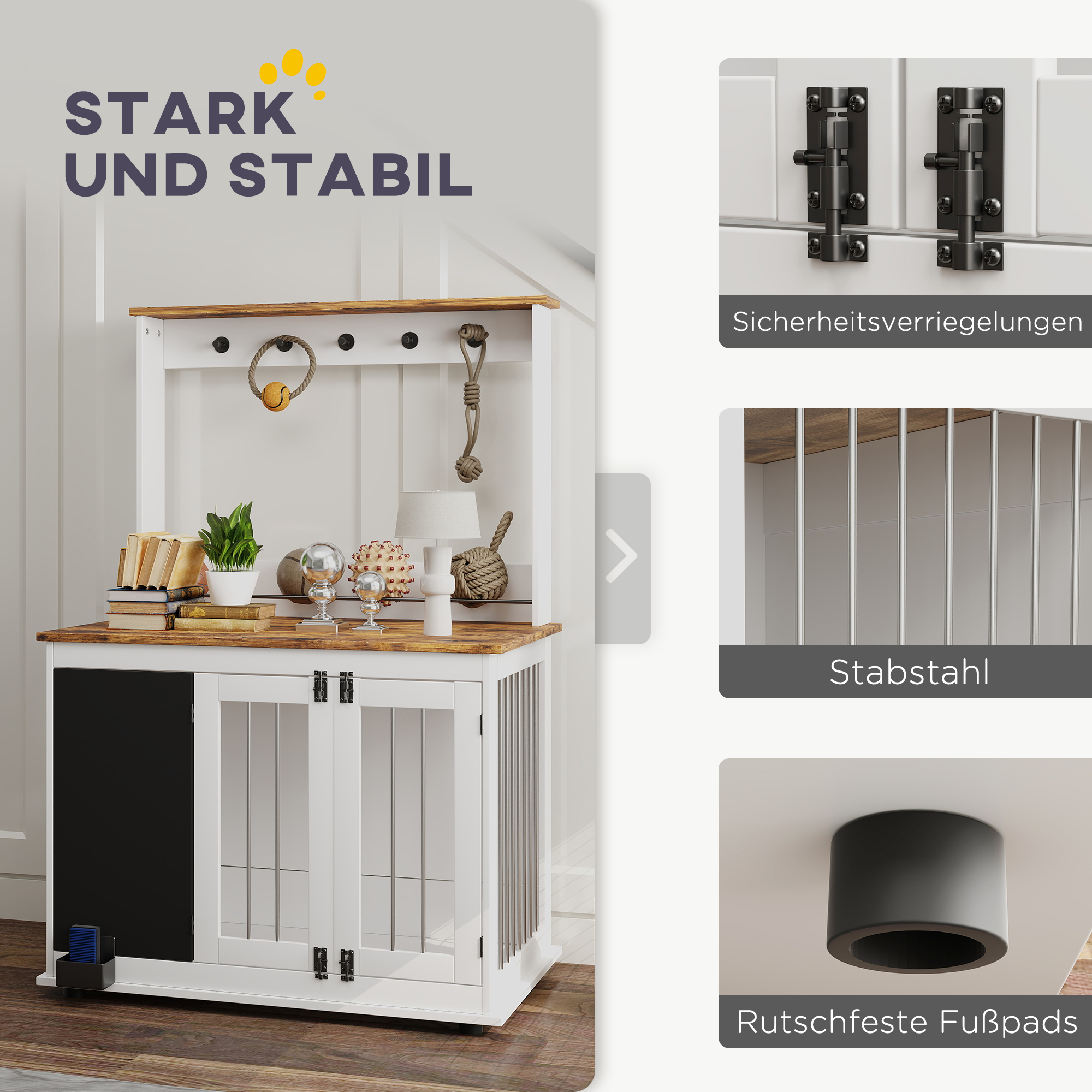 Hundebox mit Aufbewahrungsregal für Spielzeug, Haken für Leinen, Schreibtafel, Radiergummi, für große Hunde, Weiß