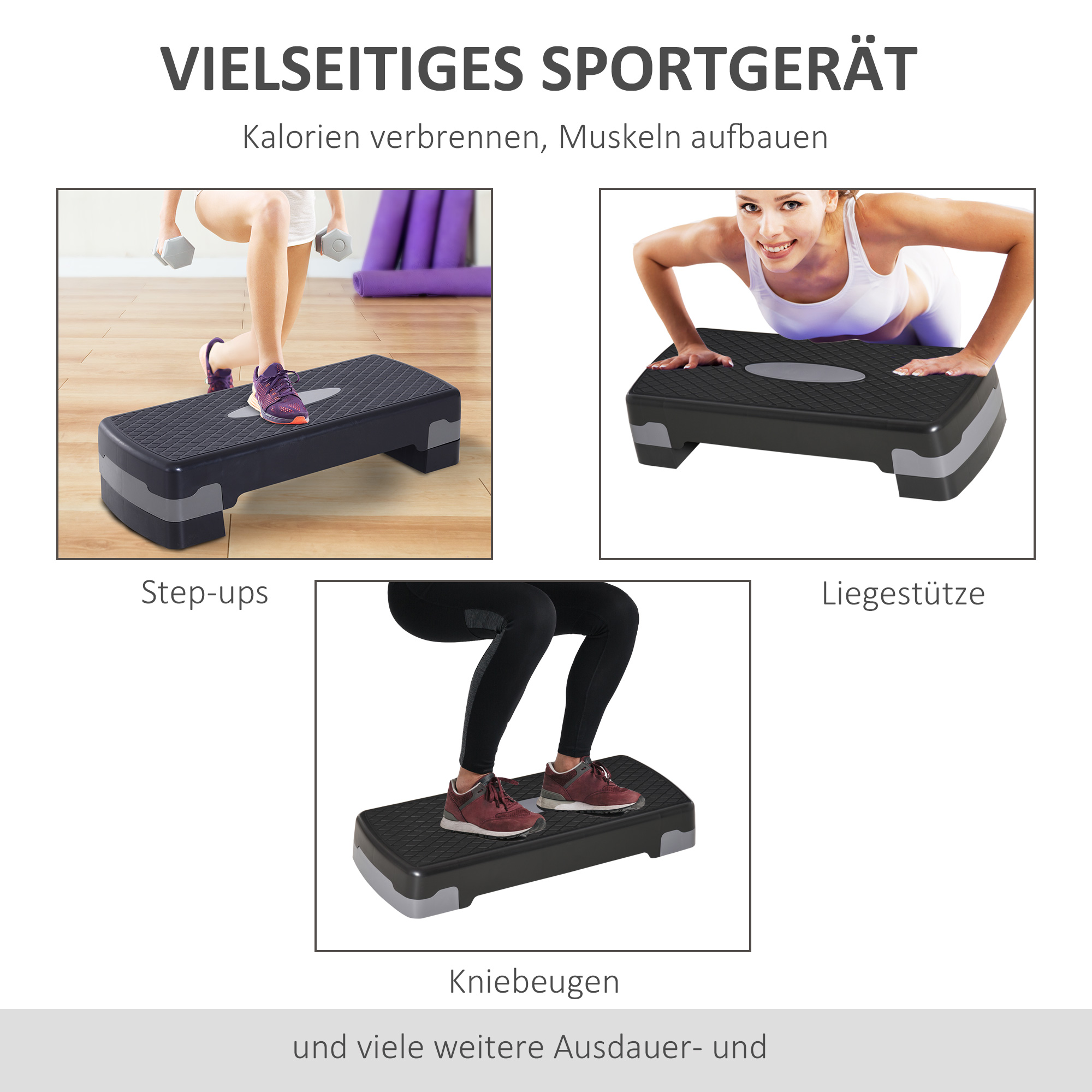 Steppbrett Aerobic Stepper 2-Stufig Höhenverstellbar 10-15cm, Rutschfest Fitness Stepper, Mini Steppbrett für Zuhause Heim Büro, Schwarz+Grau