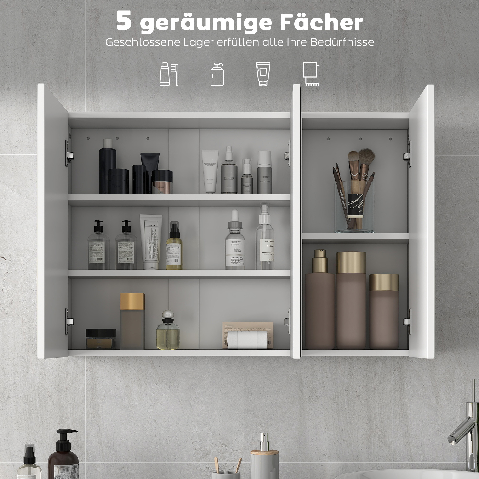 Badezimmerspiegelschrank, Badschrank mit 3 Spiegeltüren, Wandmontage, 90 x 15,5 x 60 cm, Spanplatte, Weiß