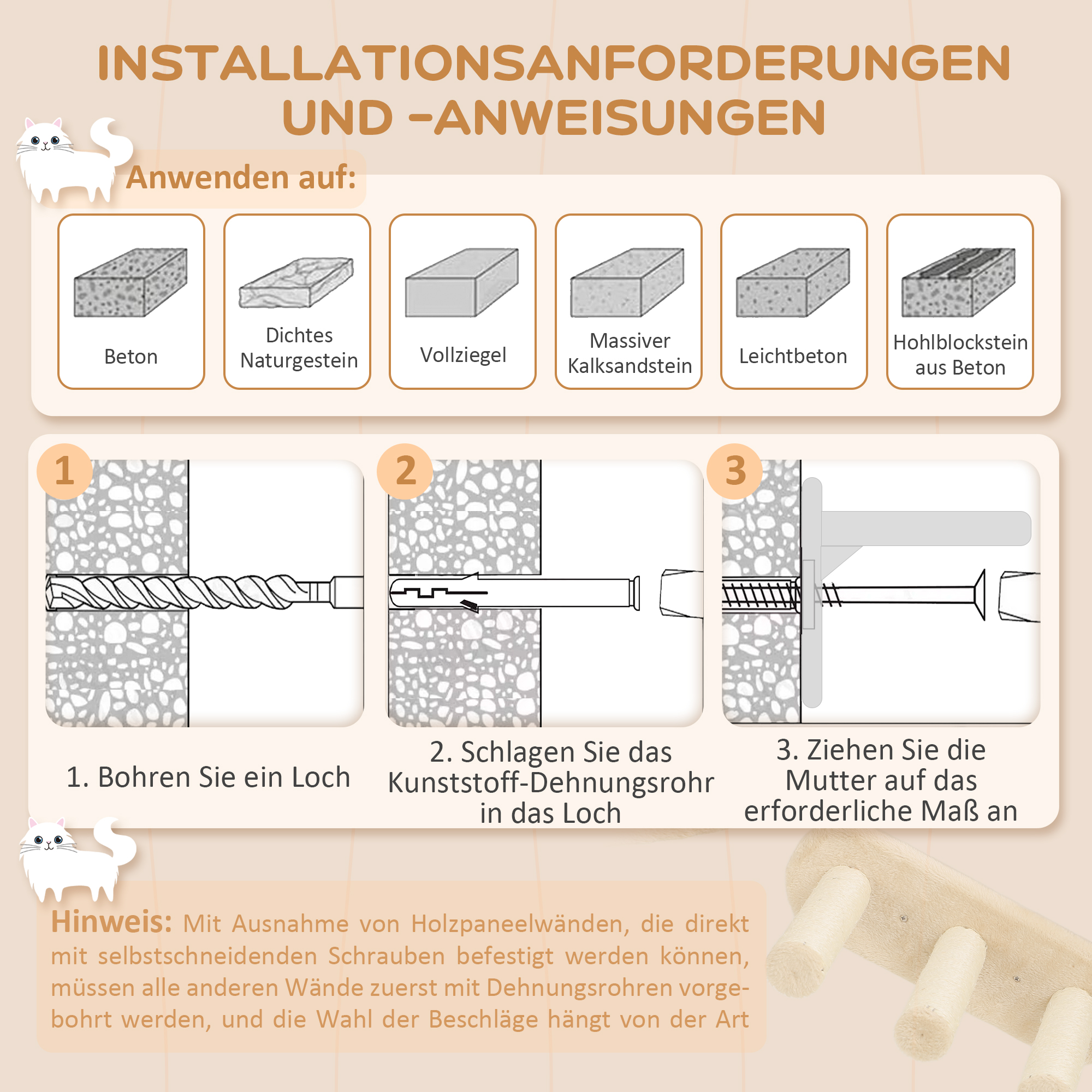 Katzentreppen-Set, Wand- und Deckenmontage, für Katzen bis 5 kg, Beige