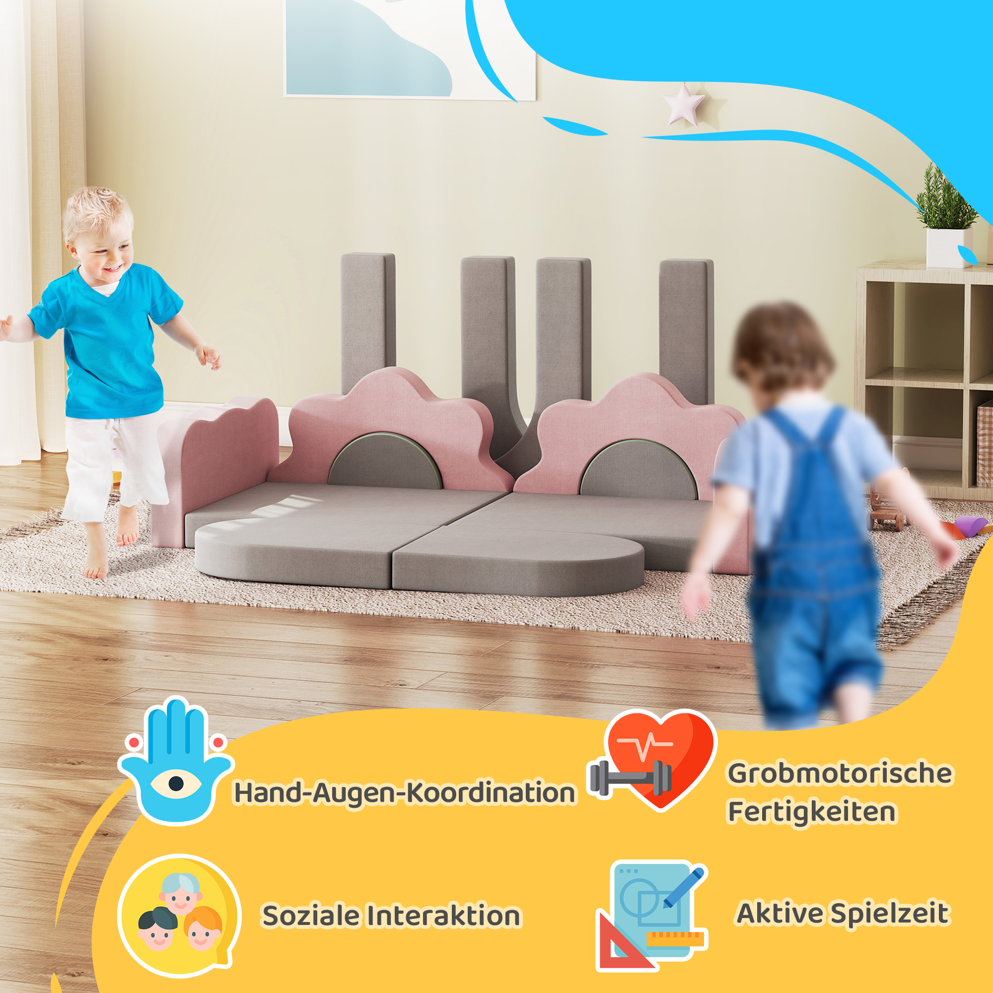 12-teiliges Set Schaumstoffblöcke zum Klettern, Bauen, Krabbeln, Indoor-Spielmatten mit Cordbezug, Grau+Rosa